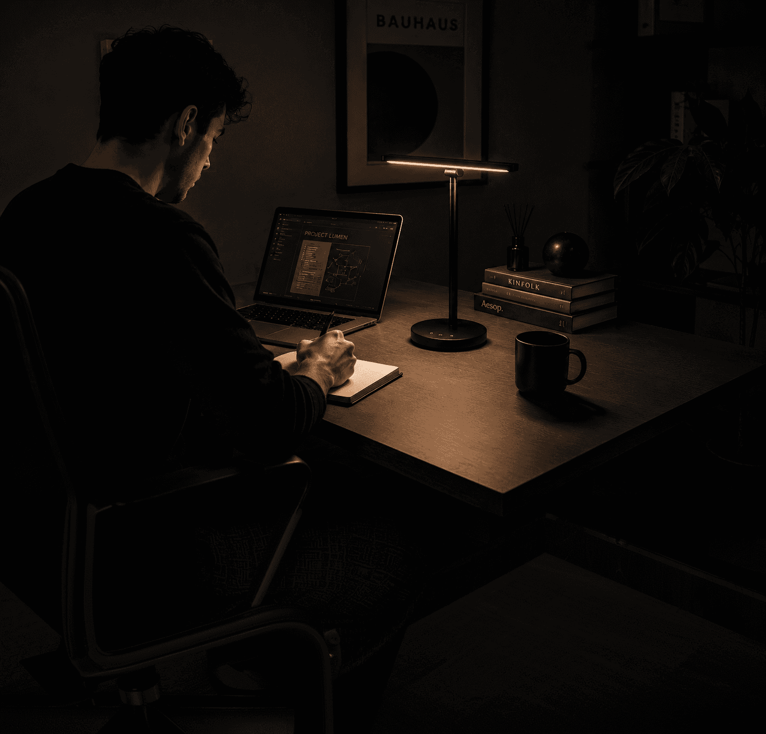 Matte-black LUMEN lamp base with touch controls for power, brightness, and light adjustment.