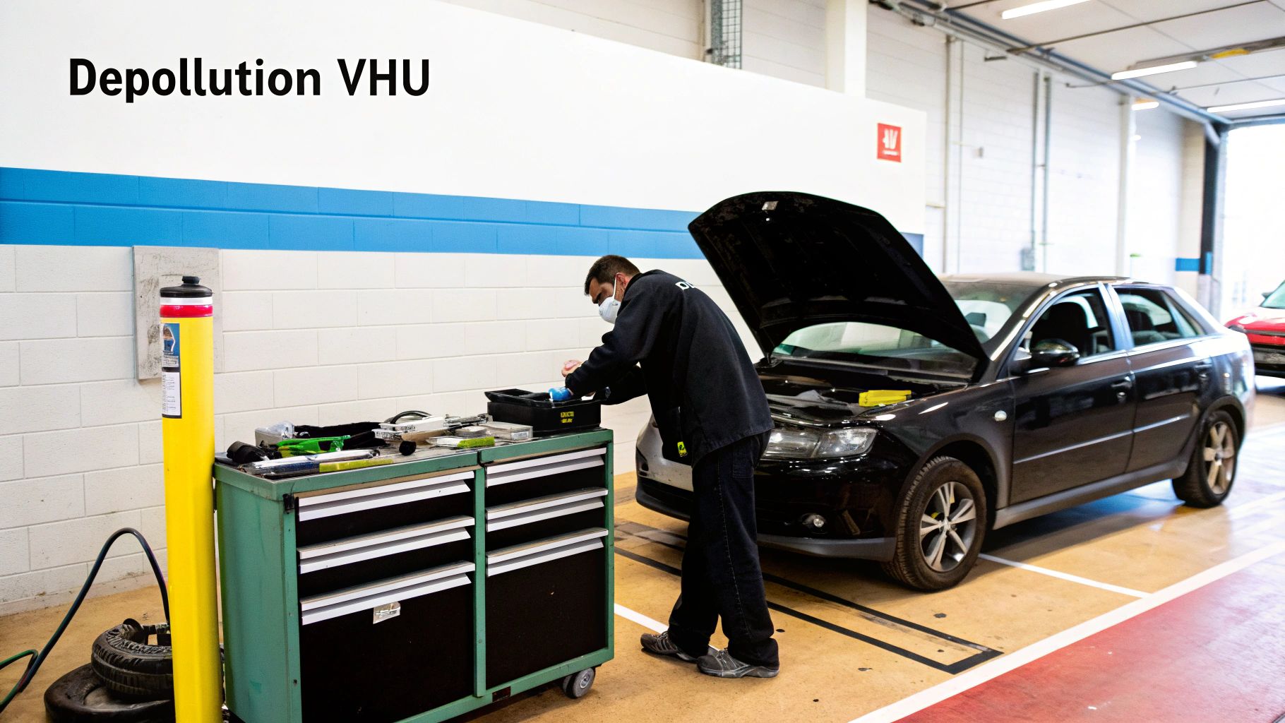 Un mécanicien avec un masque travaille sur le moteur d'une voiture noire dans un garage Depollution VHU.