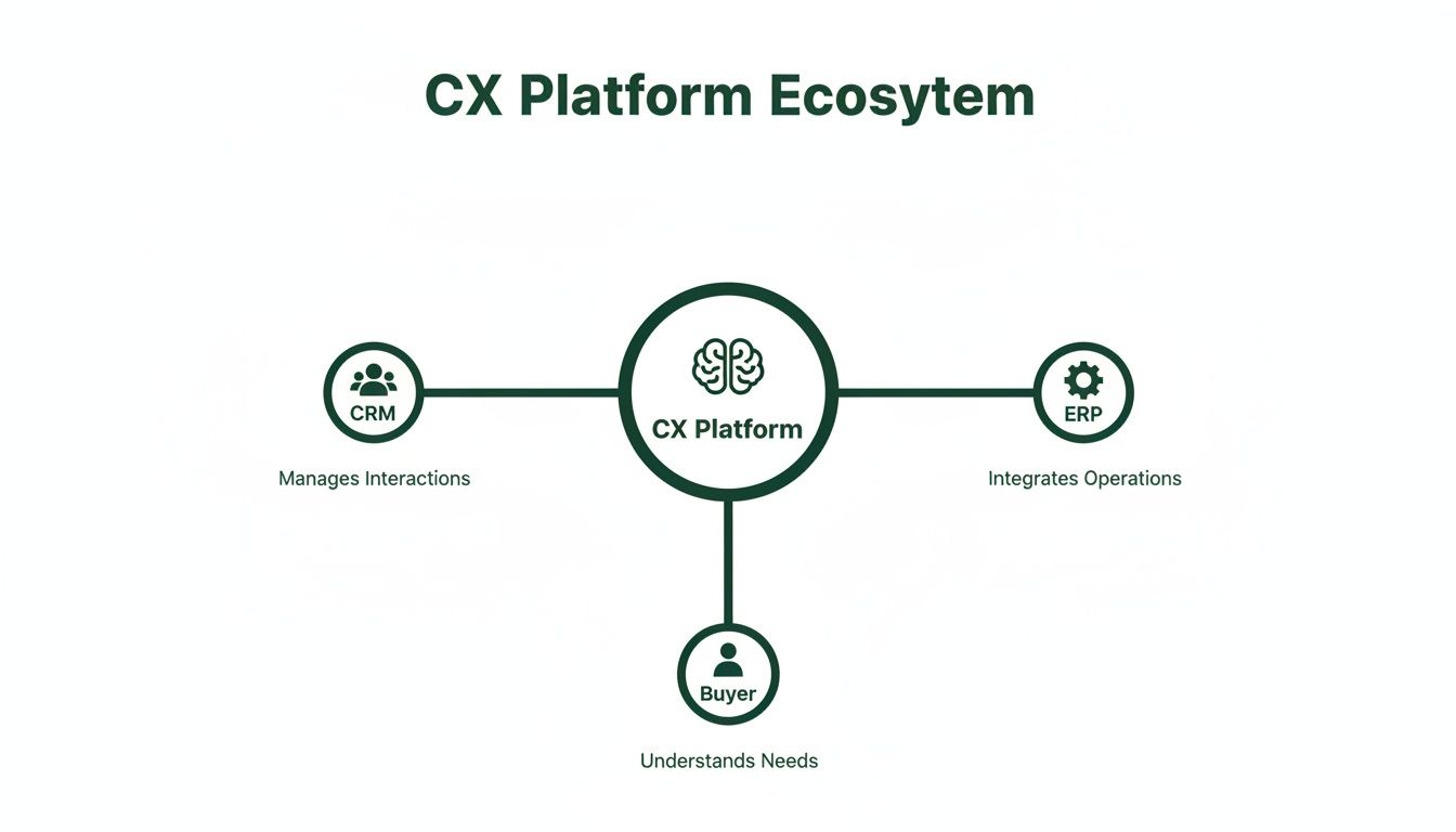 A diagram illustrates a CX Platform connecting CRM (manages interactions), ERP (integrates operations), and Buyer (understands needs).