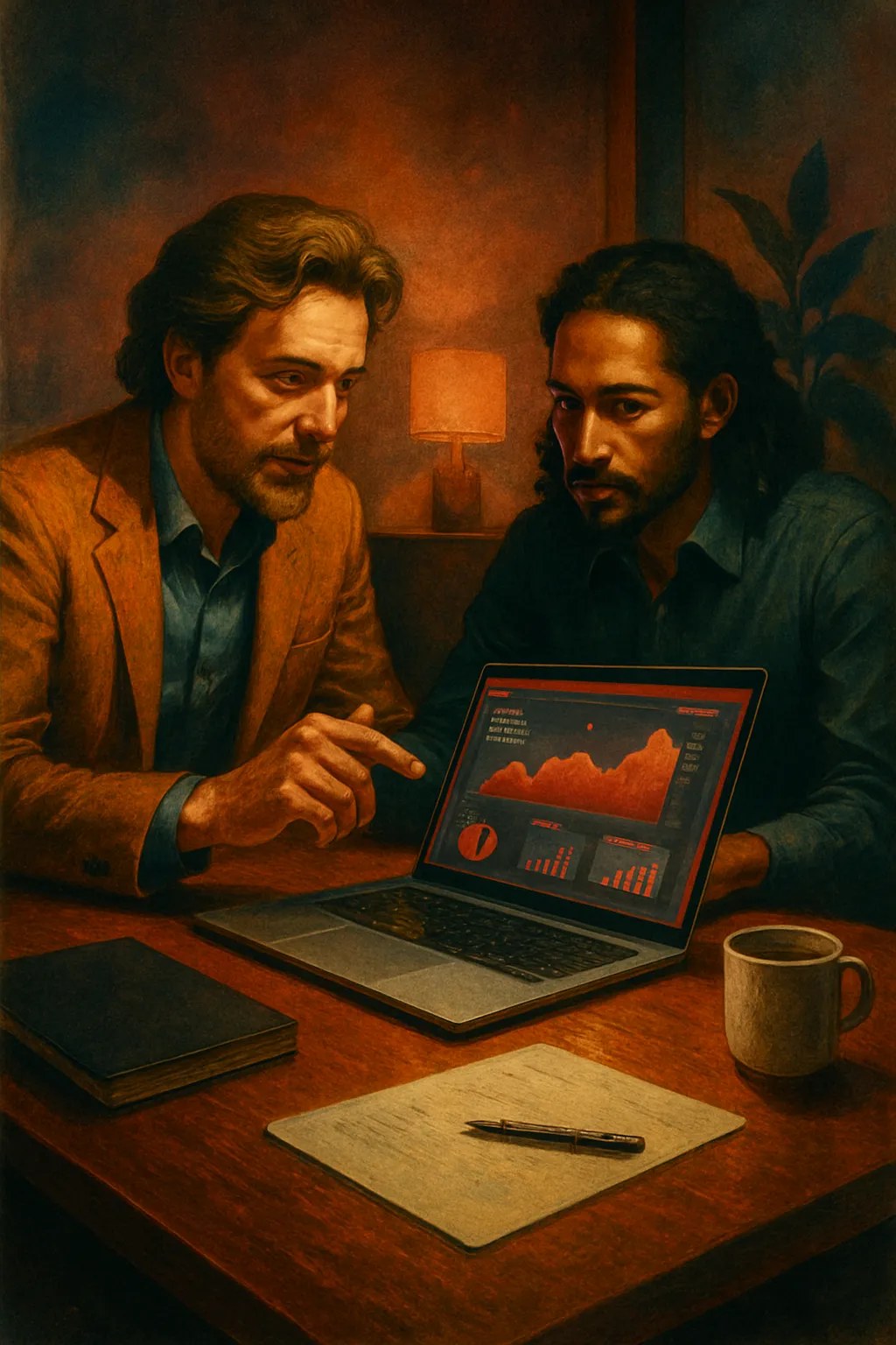 Two men discuss data on a laptop at RockN' Socials Digital Marketing Agency.