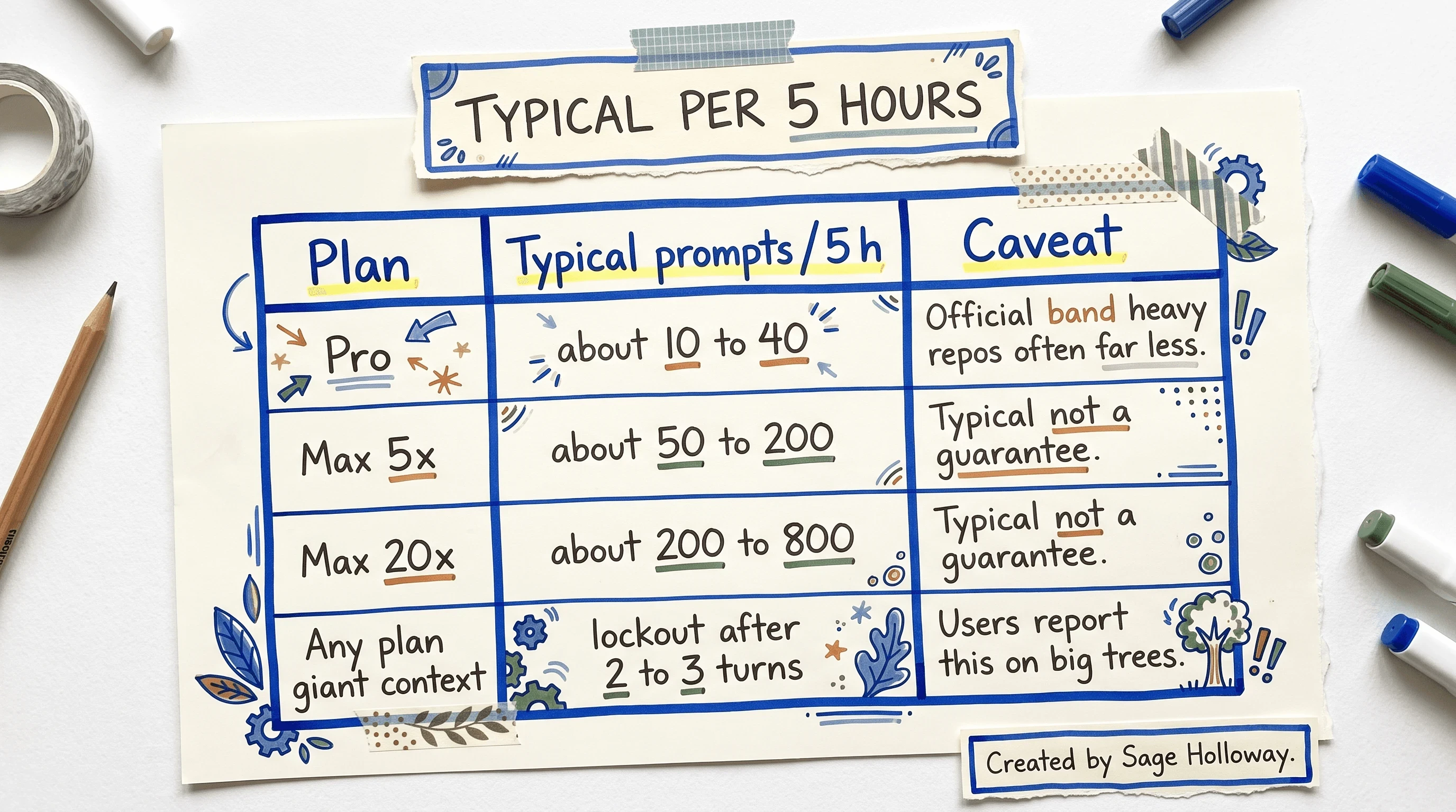 Table of typical Claude Code prompts per 5 hours for Pro, Max 5x, and Max 20x plans