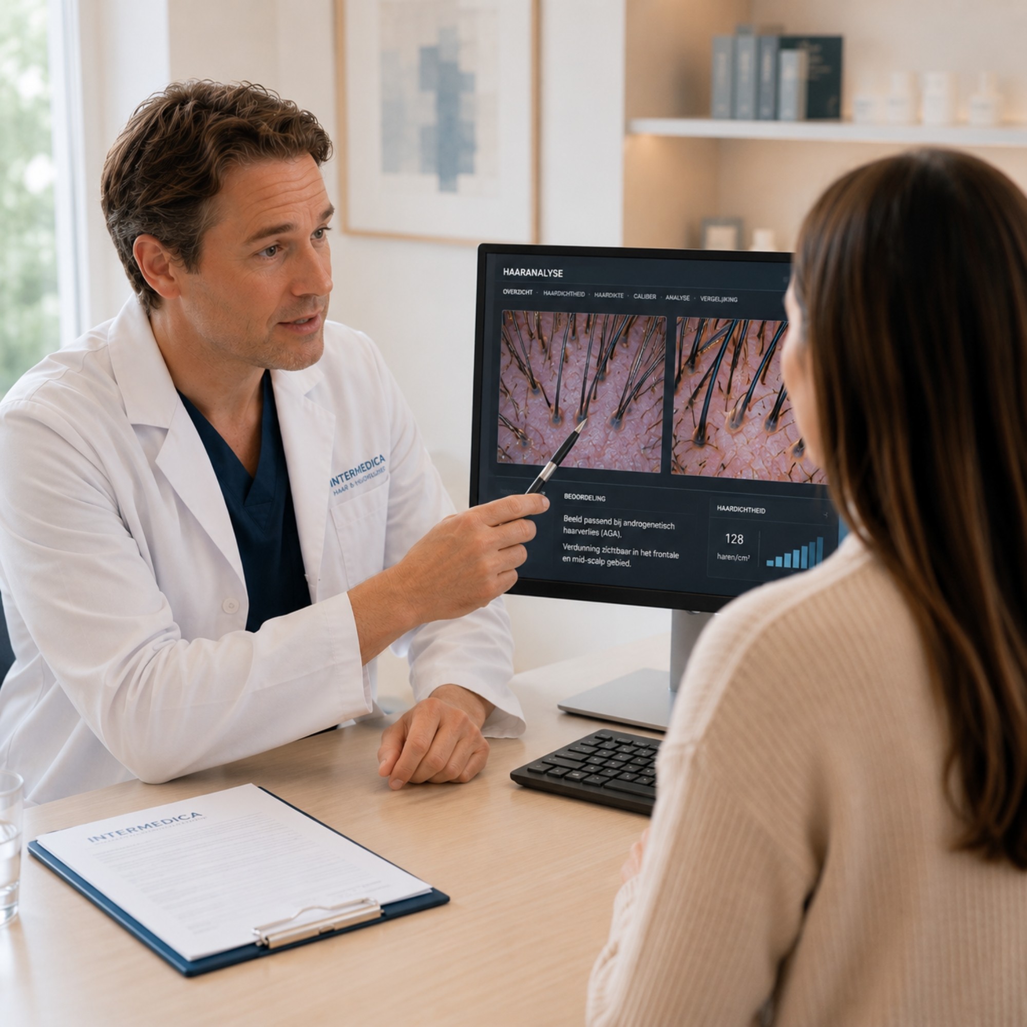 Nederlandse arts van Intermedica bespreekt de medische beoordeling van haarverlies aan de hand van haaranalysebeelden.