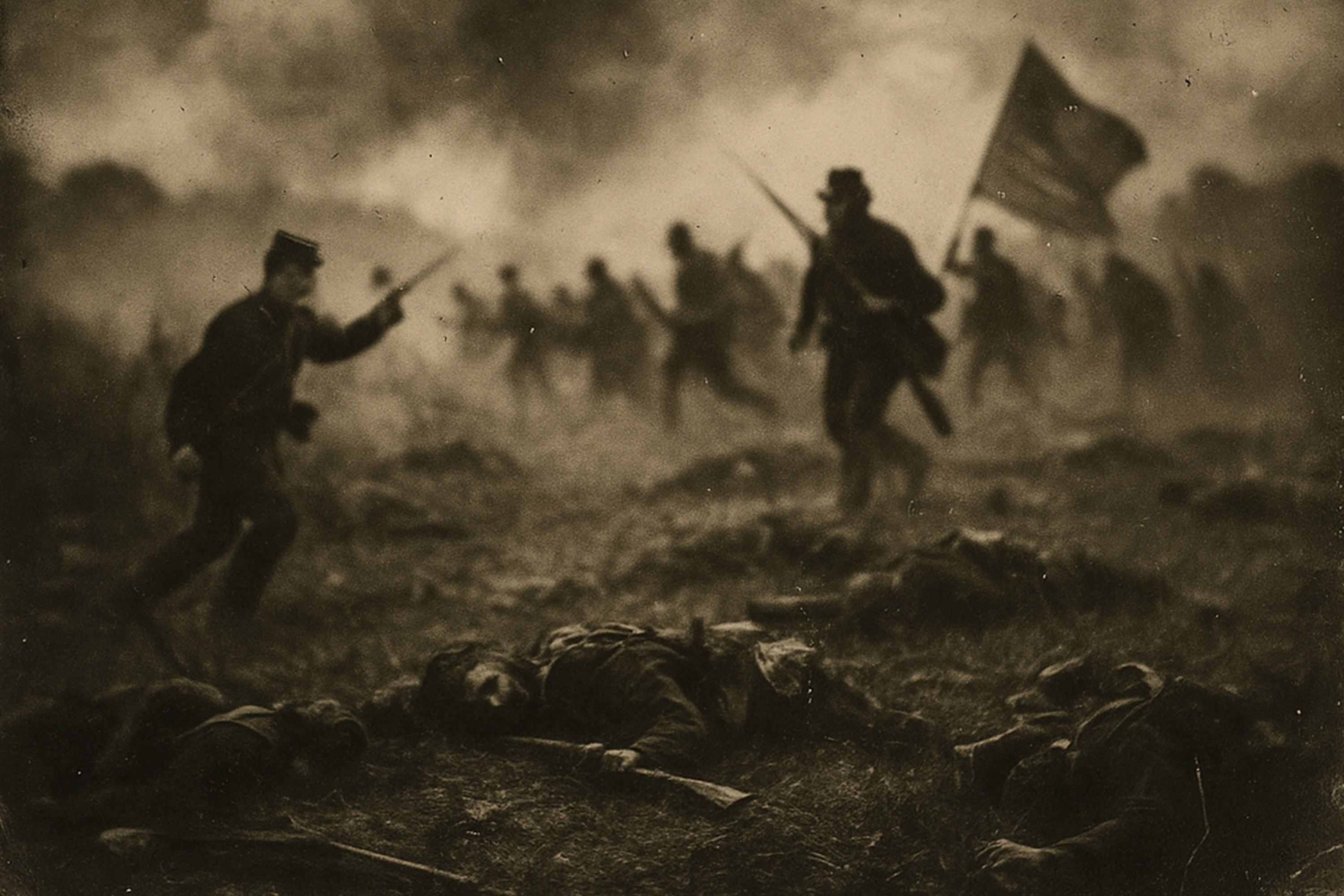 A vintage tintype photo showing Civil War soliders charging with rifles, flags, and bayonets.