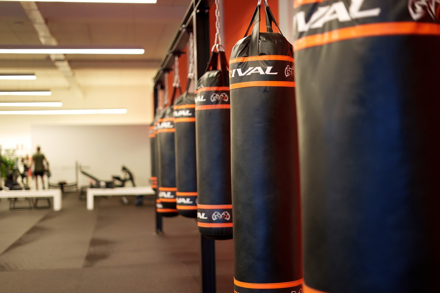 Rij met professionele bokszakken in de boksschool van Leiden.