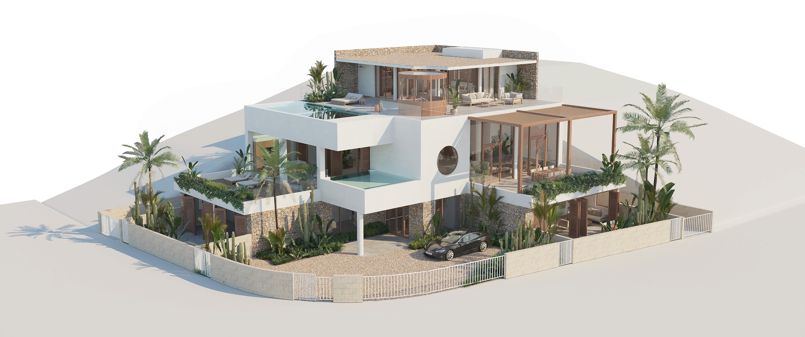 3D image of the villa, seen from a birdseye view 