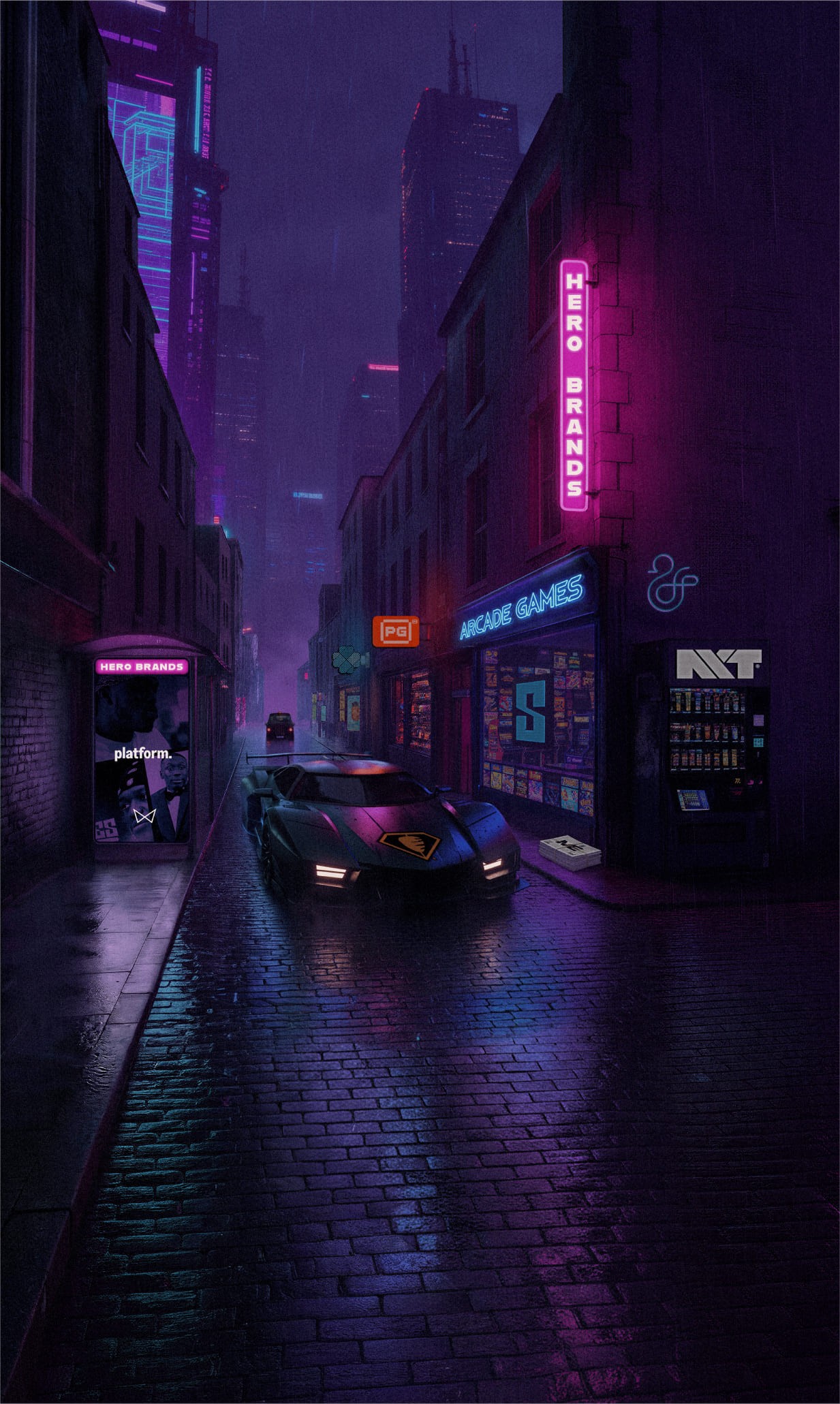 Hero Brands Cyberpunk digital art illustration — sleek supercar on rain-soaked cobblestone alley with neon signs and purple-lit city skyline at night