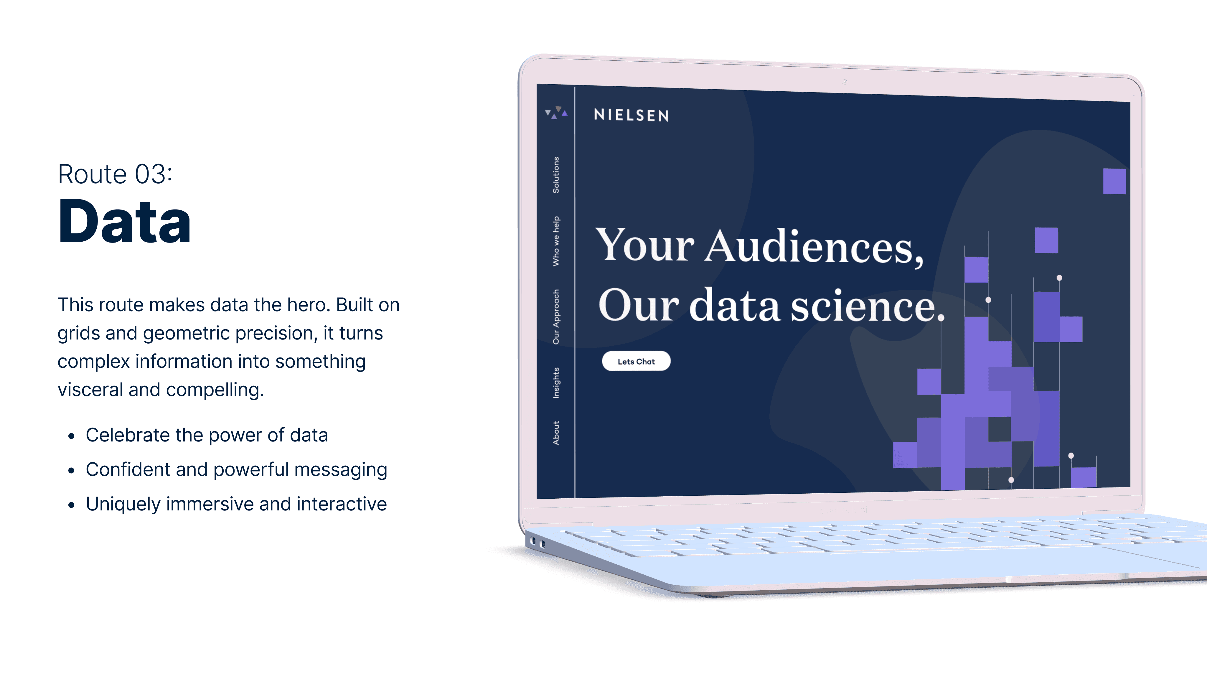 Mockup of the Nielsen website displayed on a laptop, showing the Data design route.
