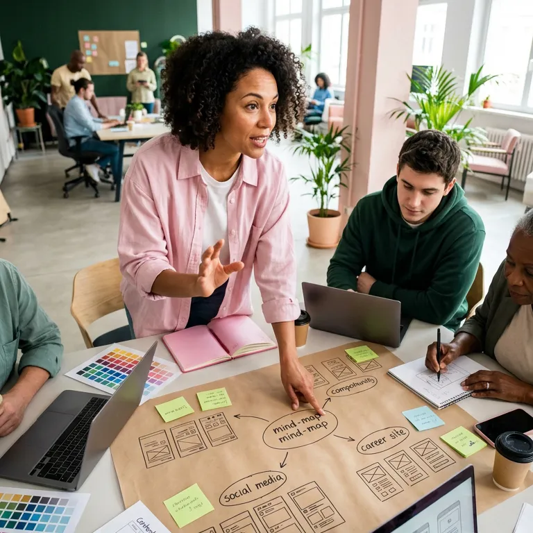 Équipe de consultants DAJM en atelier créatif élaborant une mind-map stratégique incluant les réseaux sociaux et le site carrière, illustrant notre expertise en "Stratégie éditoriale RH" pour structurer des prises de parole engageantes