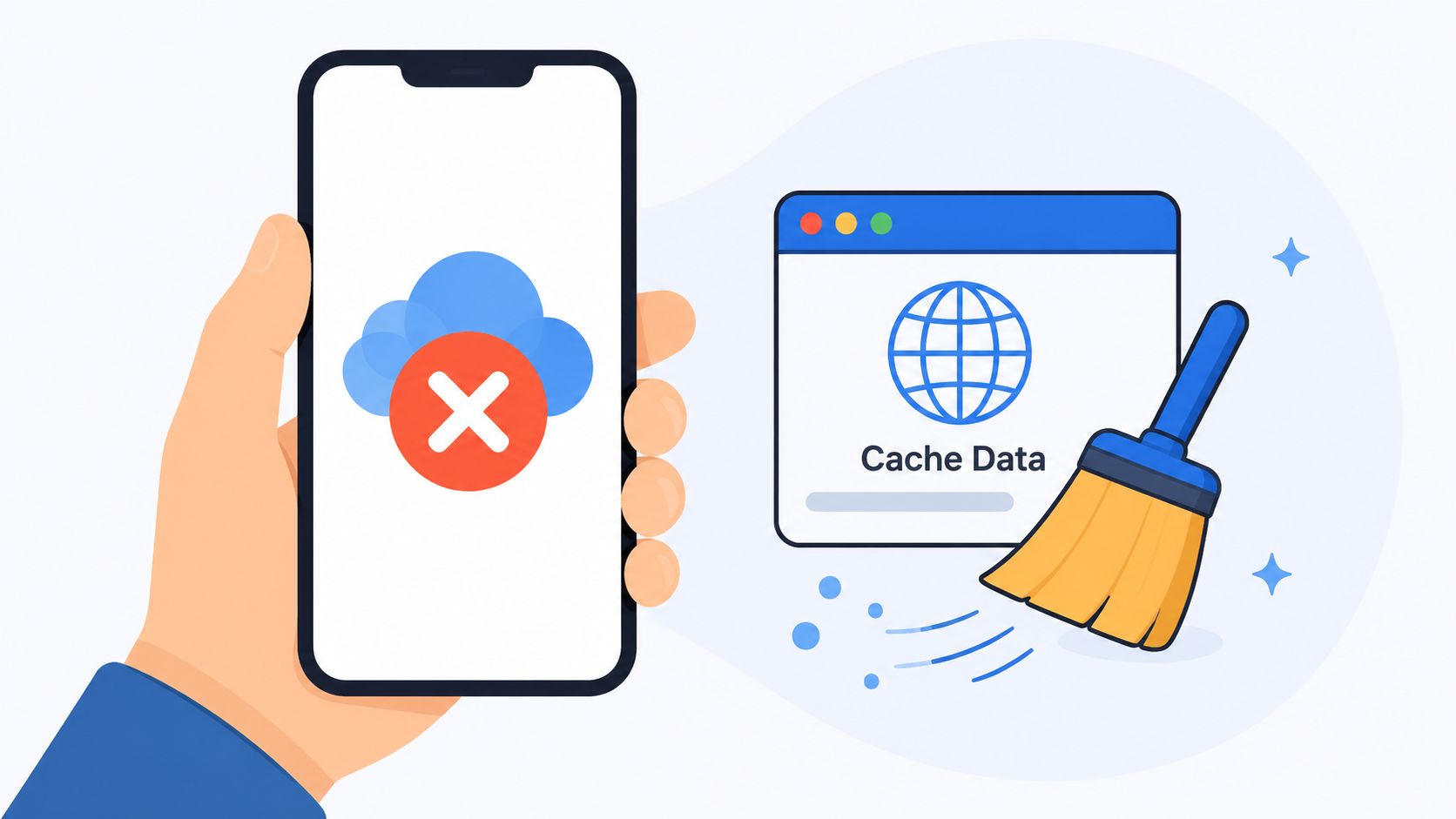 A hand holding a smartphone showing a cloud error icon with a cleaning brush for cache data.