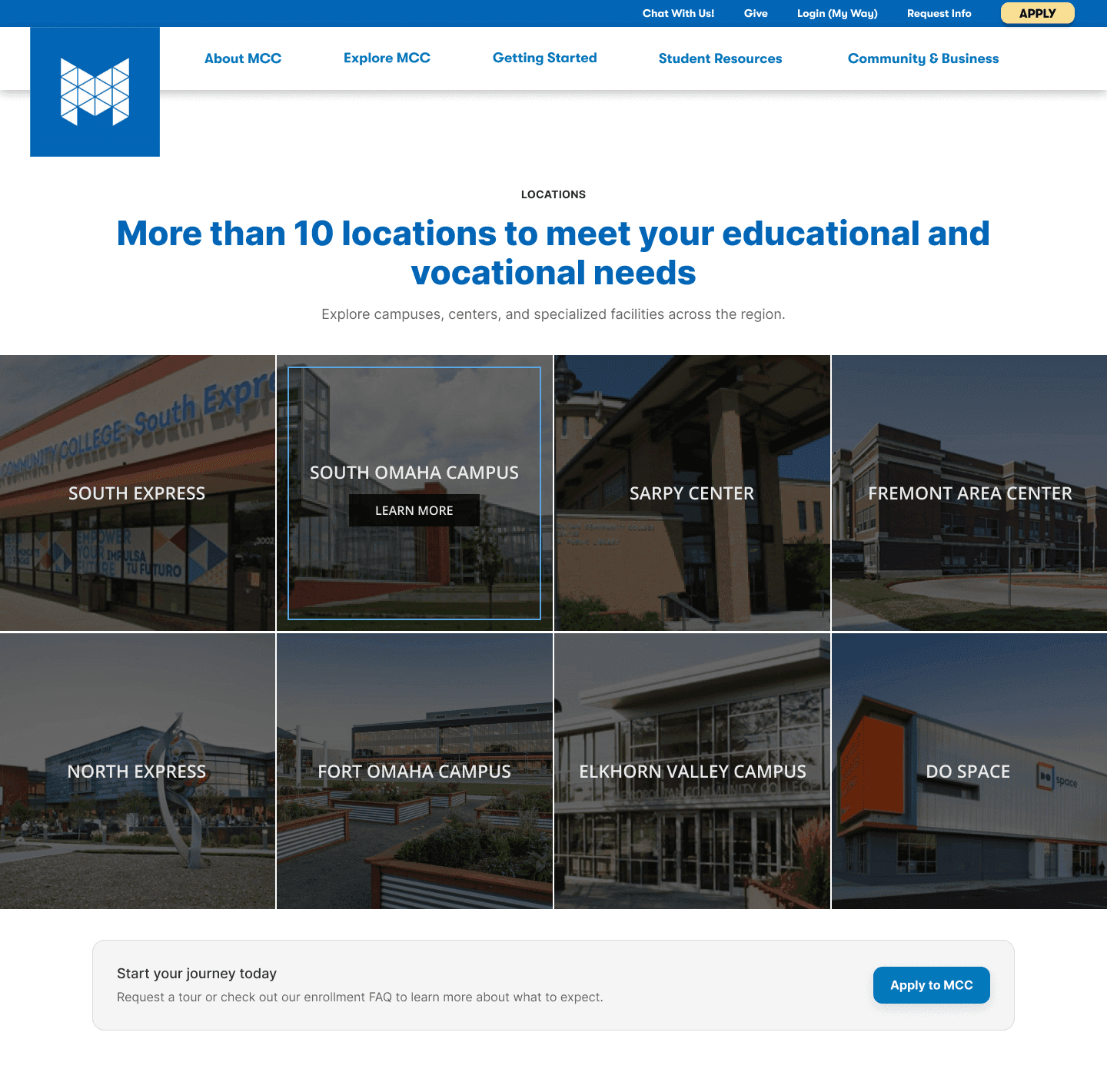 Redesigned MCC locations page with a photographic grid of more than ten campuses and centers and an apply call to action
