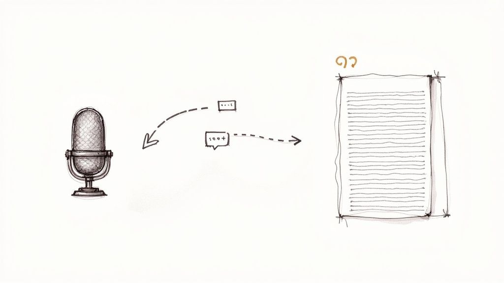 Illustration depicting speech from a microphone being transcribed into a text document.