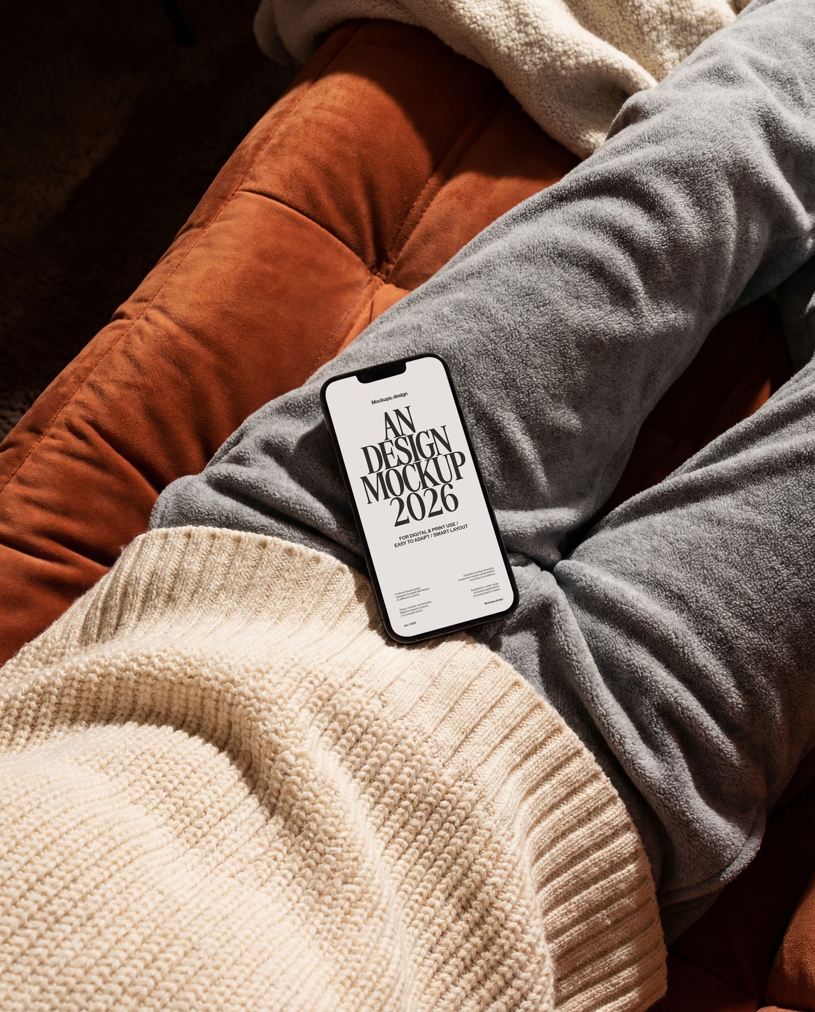 Woman using iPhone 16 mockup at home, lifestyle scene