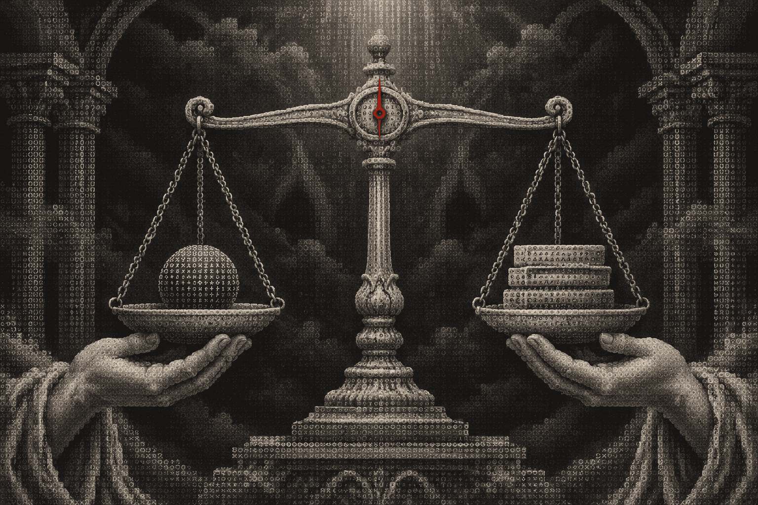 Two marble hands steadying a stone balance scale, a sphere of glyphs on one pan and engraved tablets on the other, its pointer level and red