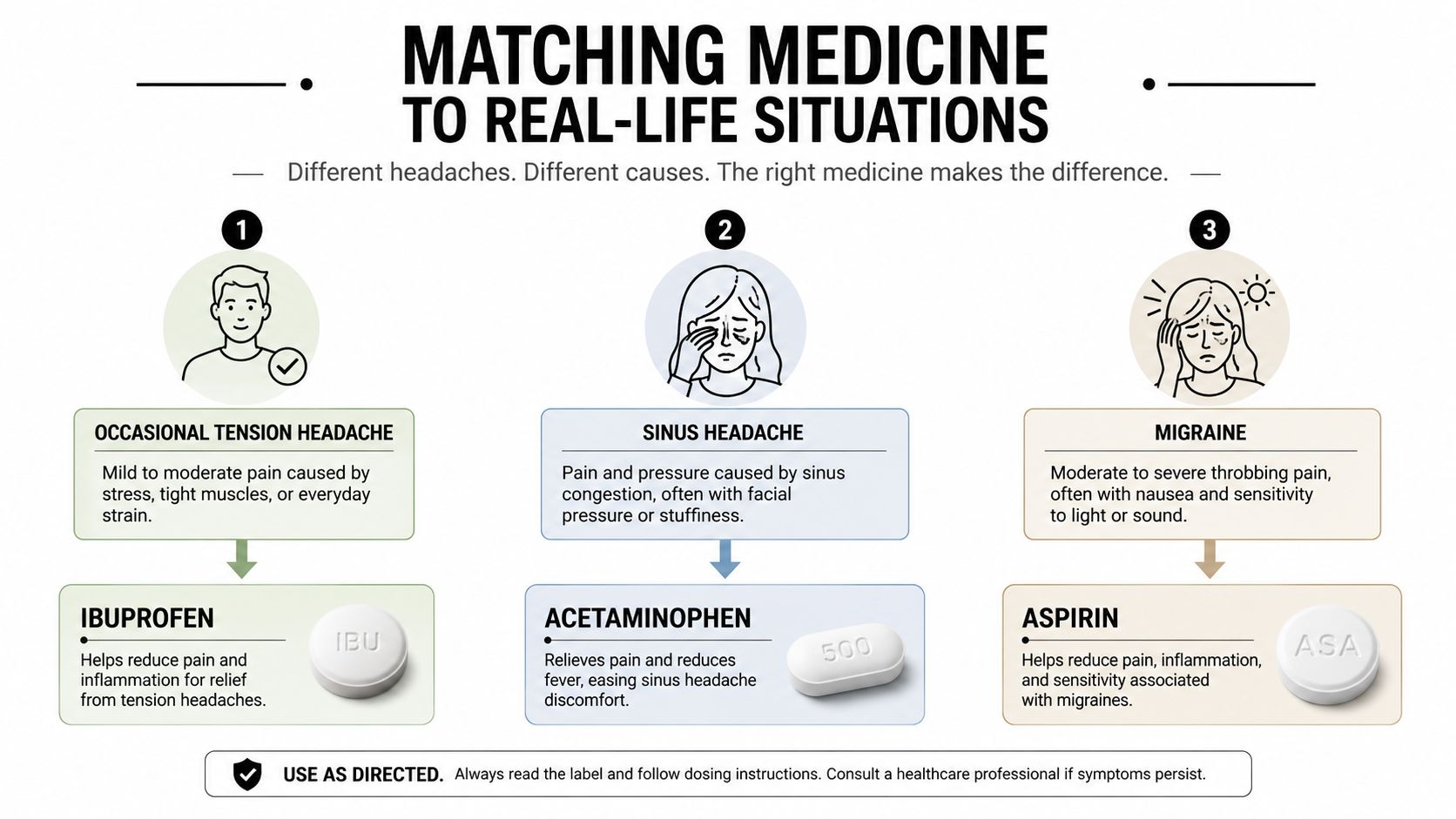 An infographic illustrating which pain reliever, including ibuprofen, acetaminophen, and aspirin, is best for different types of headaches.
