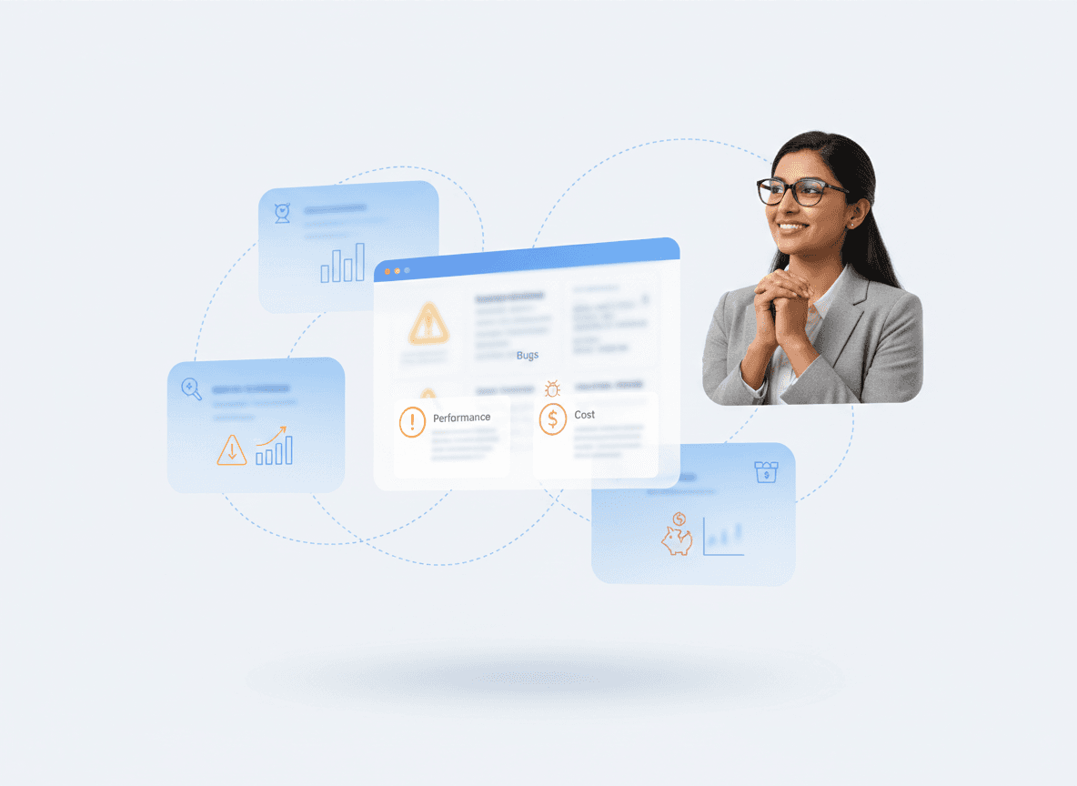Frontend technical debt dashboard showing page load time, error rate, and deployment metrics reviewed by an engineering manager in a SaaS application