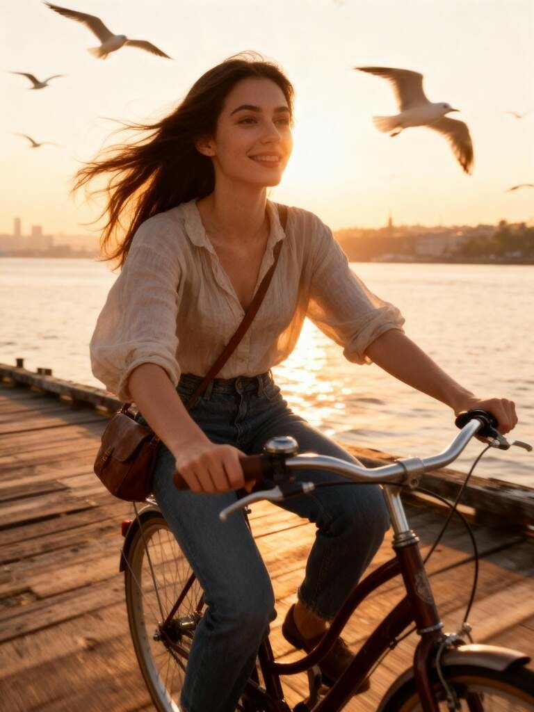 Woman cycling by sunrise river, enhanced with InVideo AI features for soft lighting.
