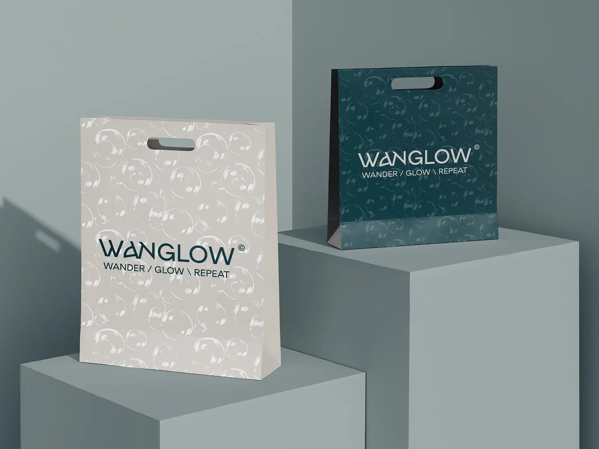 Brand collateral design for Wanglow men's skincare brand showing shopping bags with logo and bubble pattern across two colorways