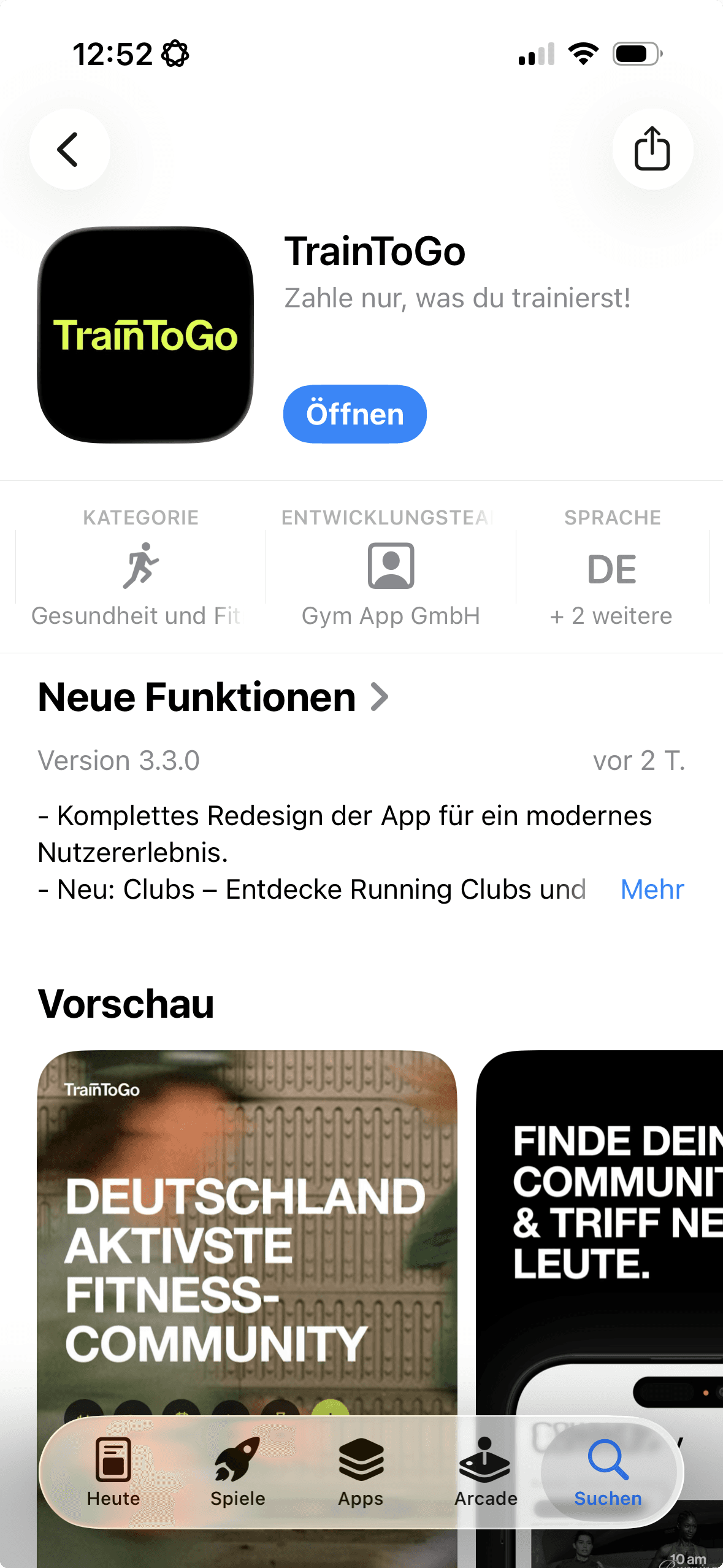 App-Store-Eintrag der TrainToGo-App zum Download