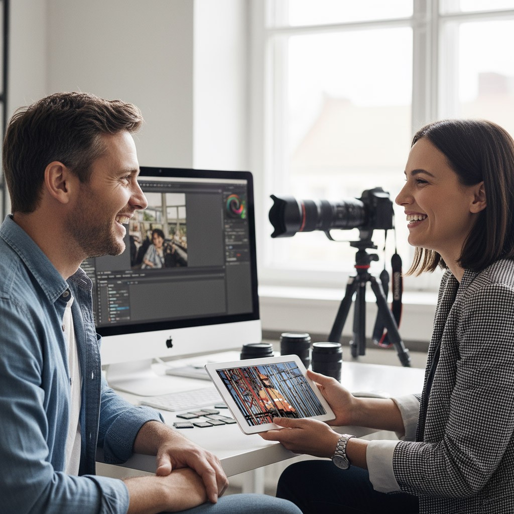 deux personnes souriantes discutent pour élaborer un cahier des charges de production photographique à Lille – Nord | Photographe pro Anteale | Yann Manac’h