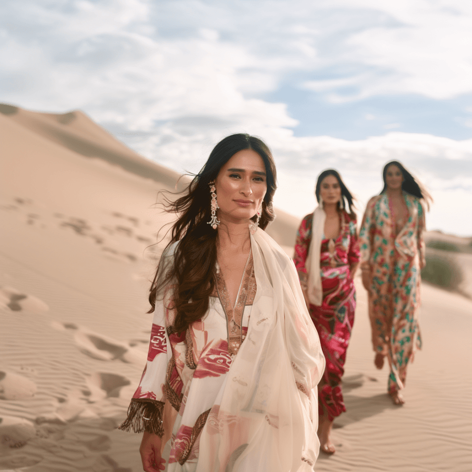 Three women in colorful outfits walking in a desert.