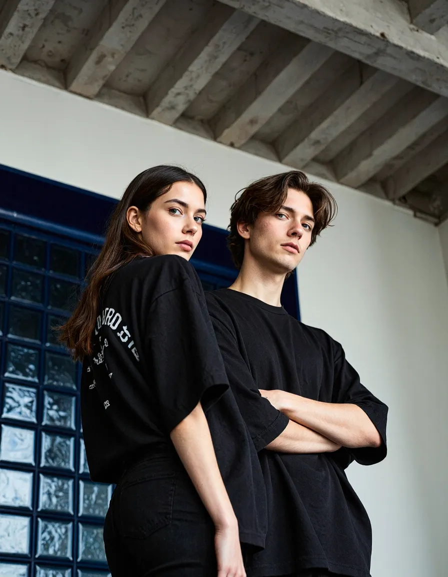 Two young people in black t-shirts posing back-to-back in urban industrial setting with glass block wall