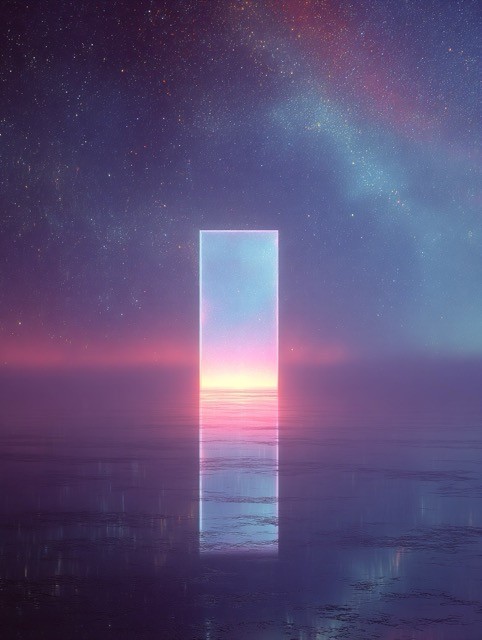 Mystical glowing portal in surreal starry landscape reflecting on water.