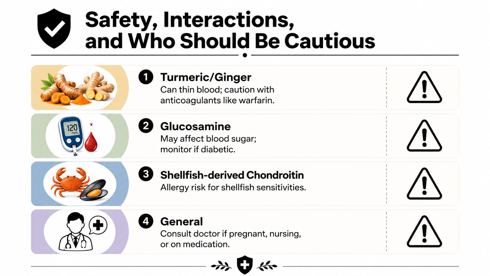 A safety infographic highlighting precautions for joint support supplements, including turmeric, glucosamine, and potential allergen warnings.