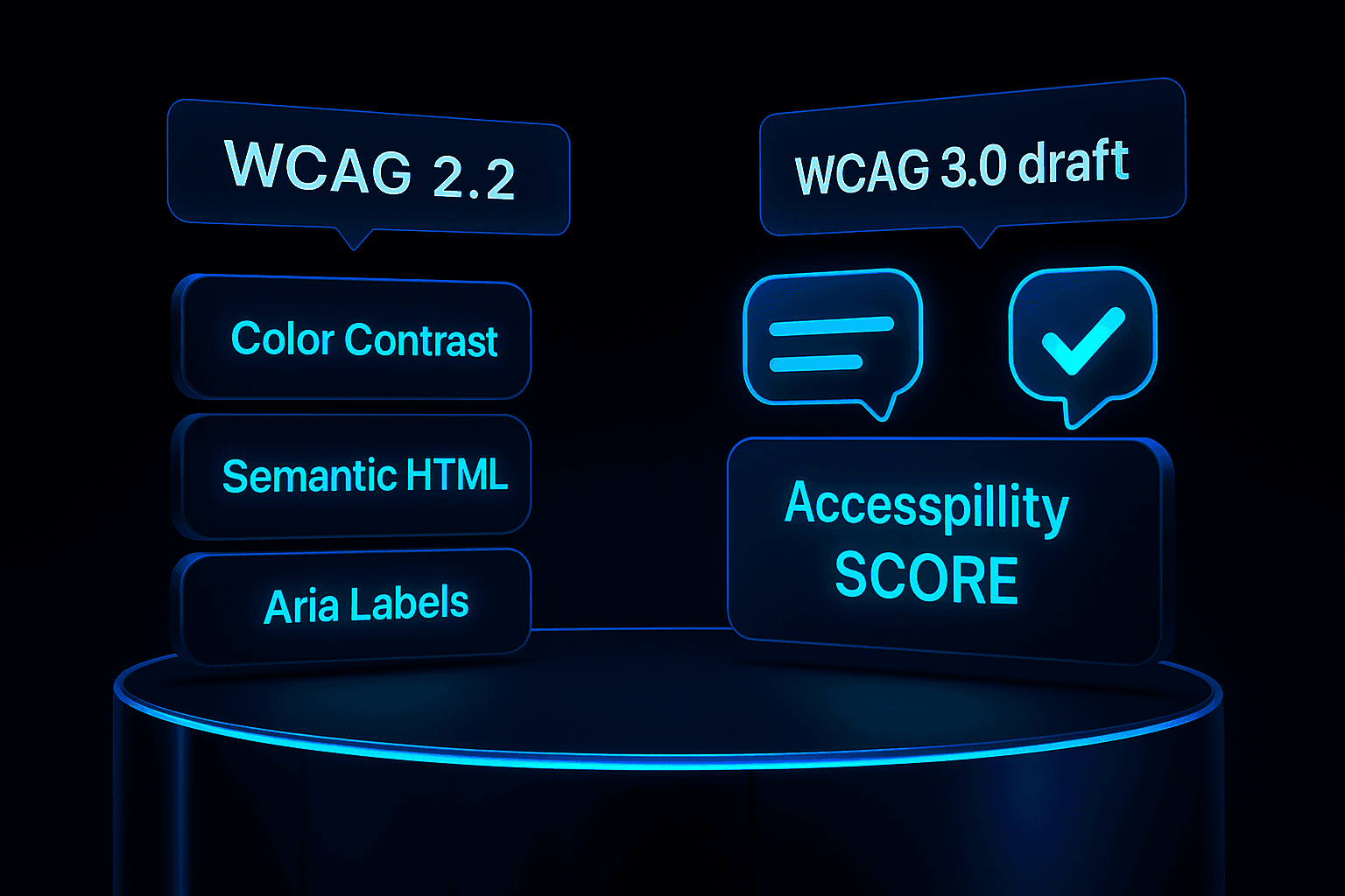Side-by-side UI comparison showing WCAG 2.2 and WCAG 3.0 compliance highlights for designers