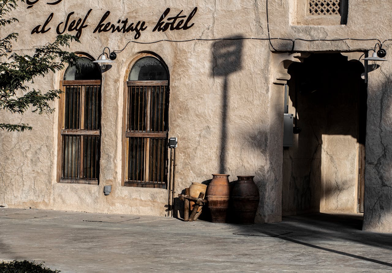 A traditional beige stone building exterior at Al Seef.&nbsp;