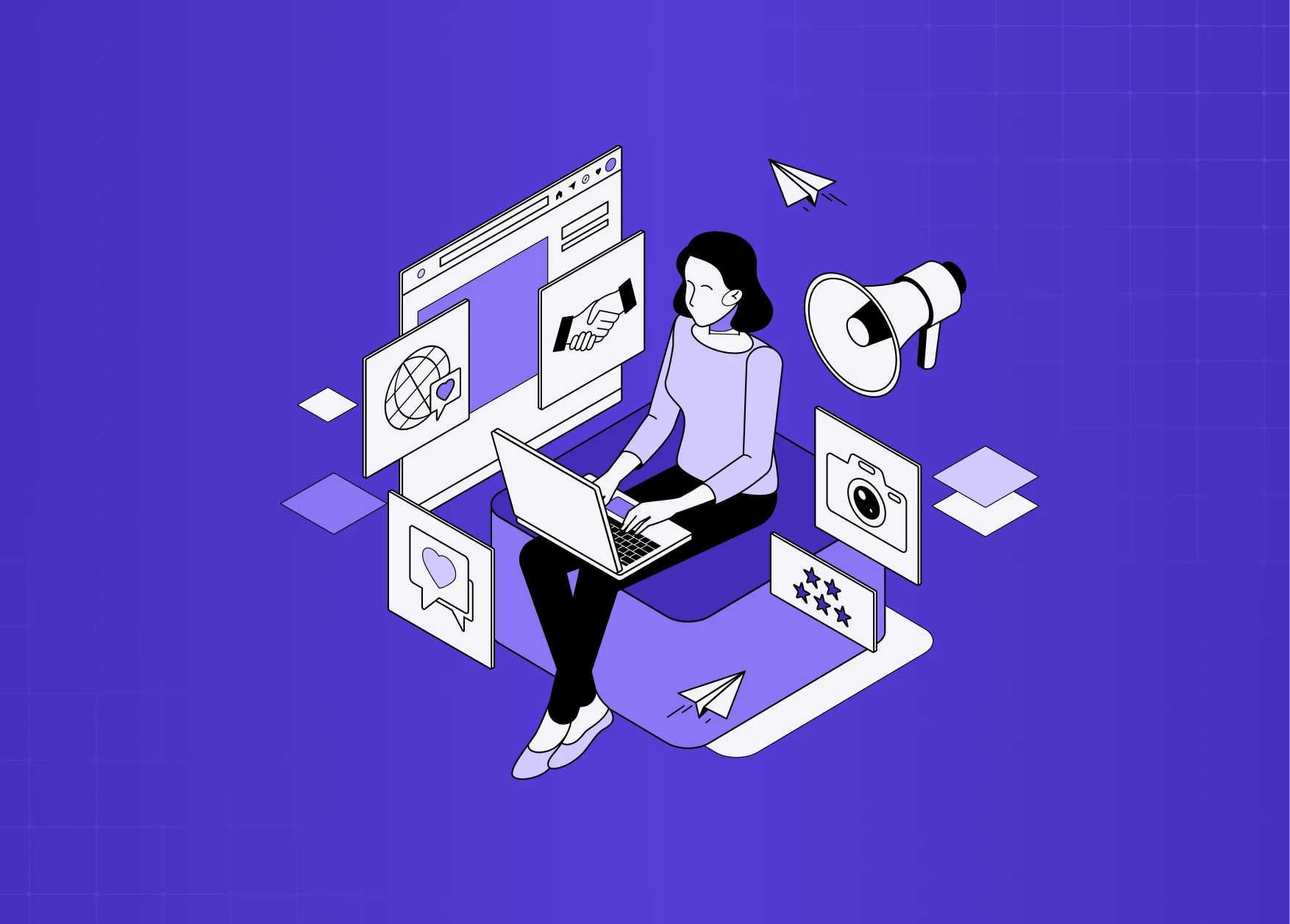 Illustration of a person working on a laptop surrounded by floating UI elements like chat, ratings, images, and notifications, representing digital product design and communication.