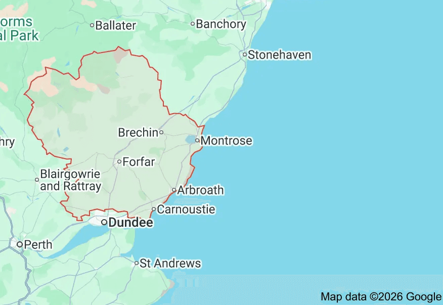 Map of Angus showing the county boundary, main road links, towns and surrounding areas