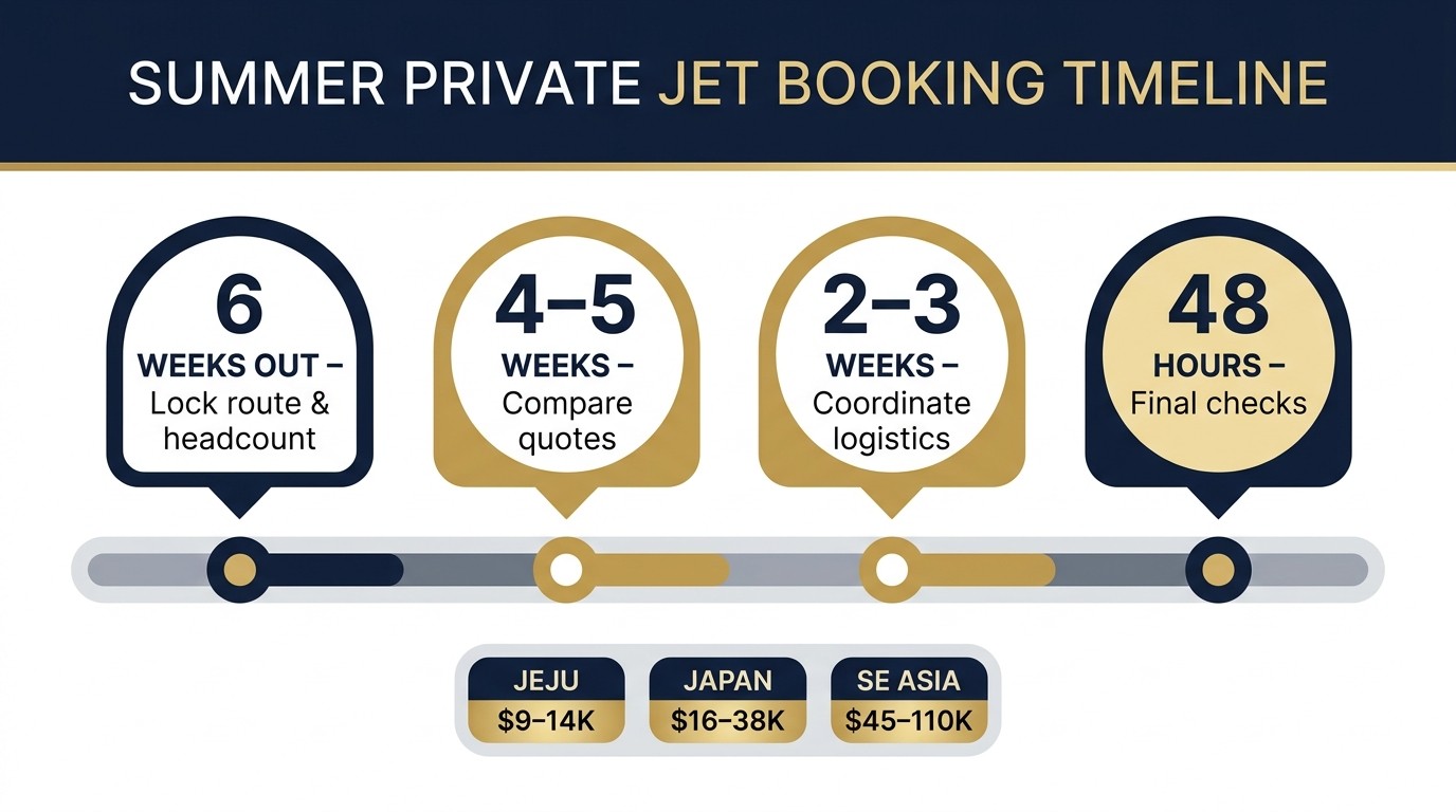Infographic summarizing the summer peak-season private jet booking timeline and estimated costs by route