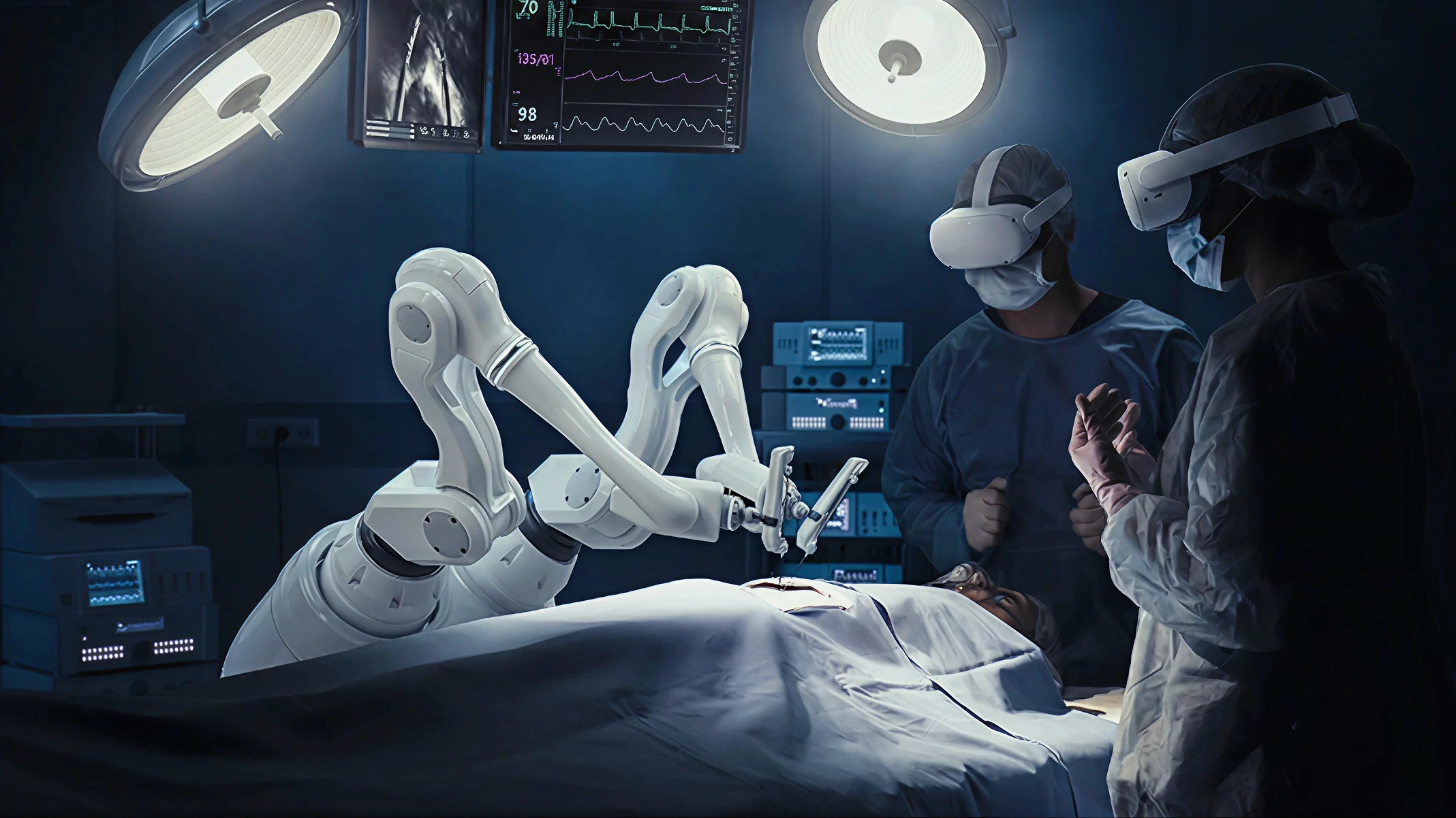 Robotic surgery and teleoperation enhanced by XR interfaces for surgical precision and remote procedure capability.