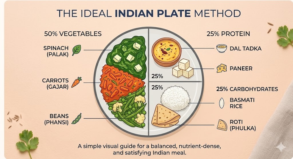 An infographic illustrating 'The Ideal Indian Plate Method' for a balanced meal. It shows a plate divided into proportions: 50% Vegetables ( Spinach/Palak, Carrots/Gajar, Beans/Phansi), 25% Protein (Dal Tadka, Paneer), and 25% Carbohydrates (Basmati Rice, Roti/Phulka). Colorful food illustrations and descriptive labels make it a simple visual guide for a nutrient-dense Indian meal. The image has a peach-colored background with scattered spices.