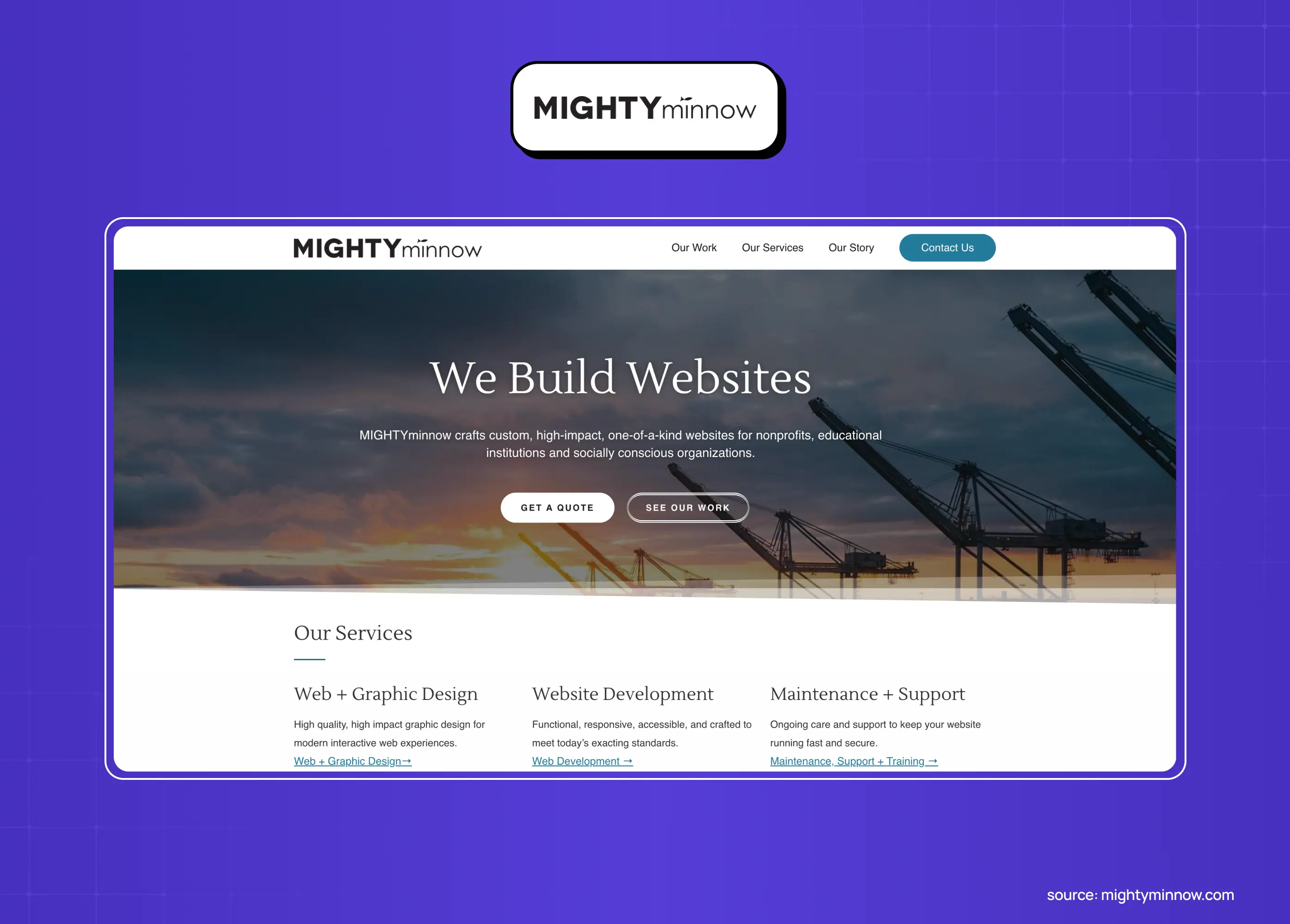 MIGHTYminnow homepage showing its web design services for Oakland nonprofits and educational institutions