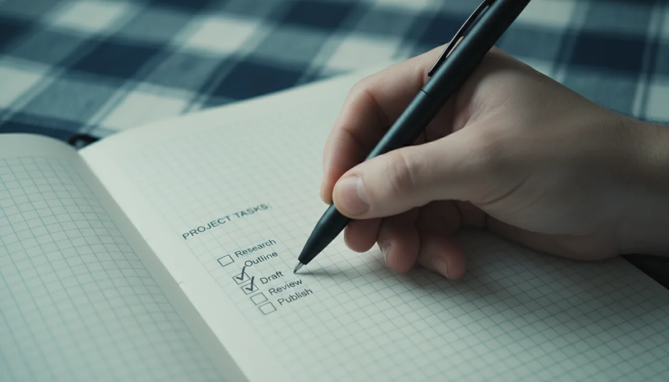 DSLR photograph, close-up shot of a person's hand holding a black pen and writing on a checklist in an open notebook with grid paper. The shot has a very shallow depth of field, with sharp focus on the hand and pen, while the background is a soft, blurred bokeh of a blue and white plaid pattern. The scene is illuminated by natural daylight, rendered with a cool, desaturated color grade that gives the image a moody, cinematic feel with strong cyan undertones.
