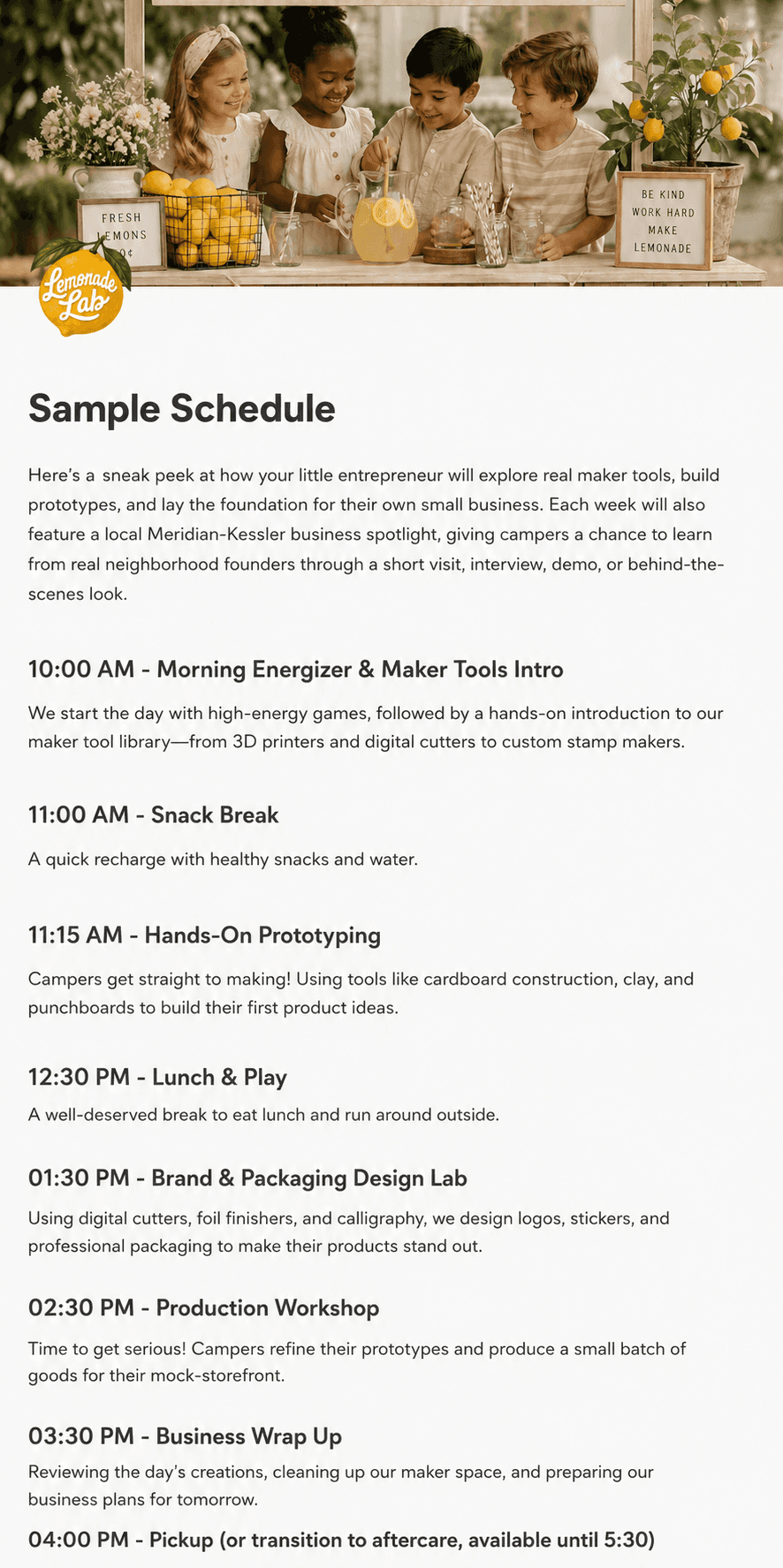 Sample Camp Day Schedule