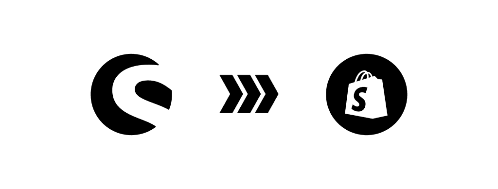 Shopware icon with arrows pointing to the Shopify icon, symbolising a migration from Shopware to Shopify