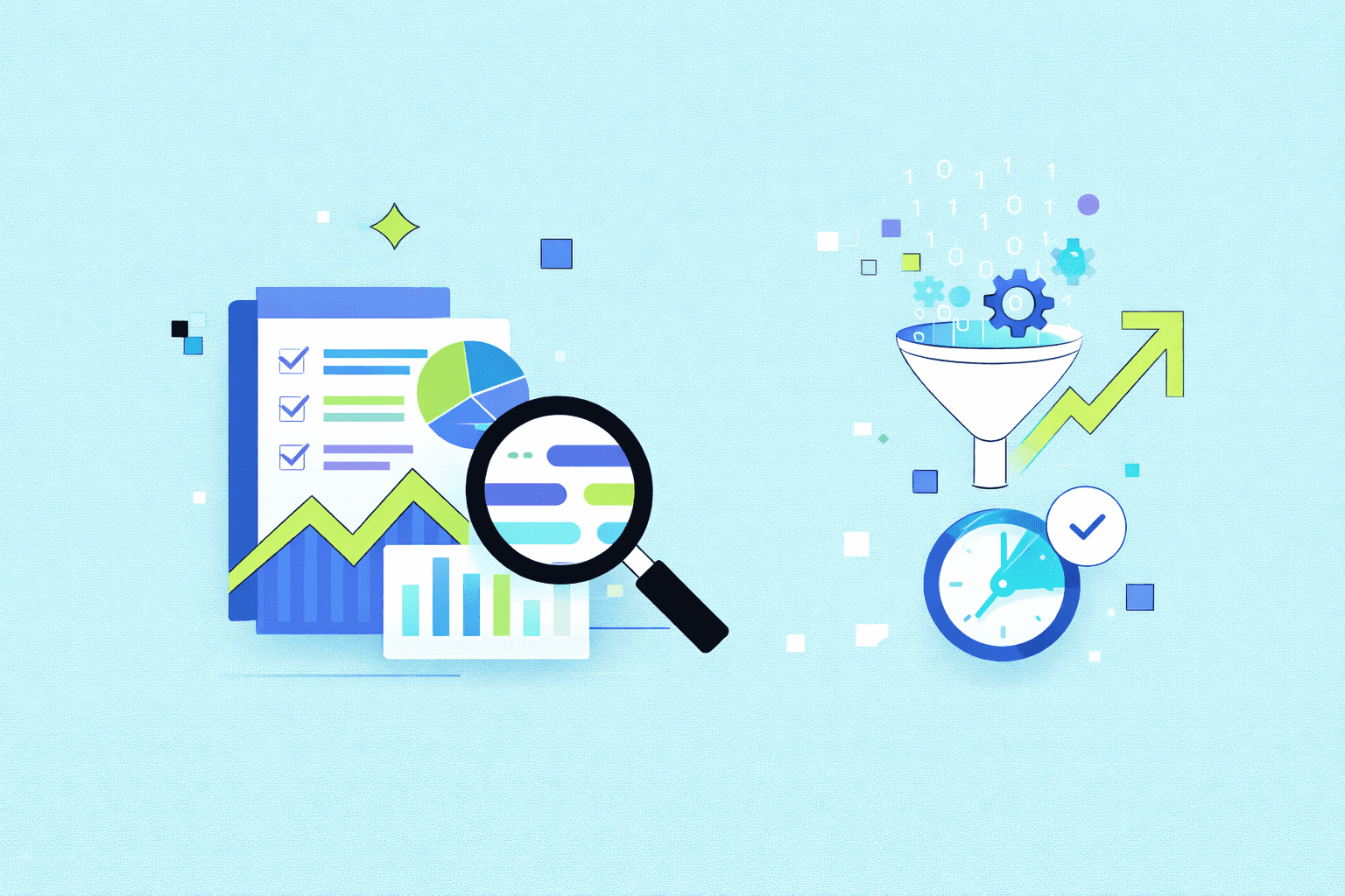 AI productivity tools illustration showing analytics, automation, charts, and workflow optimization