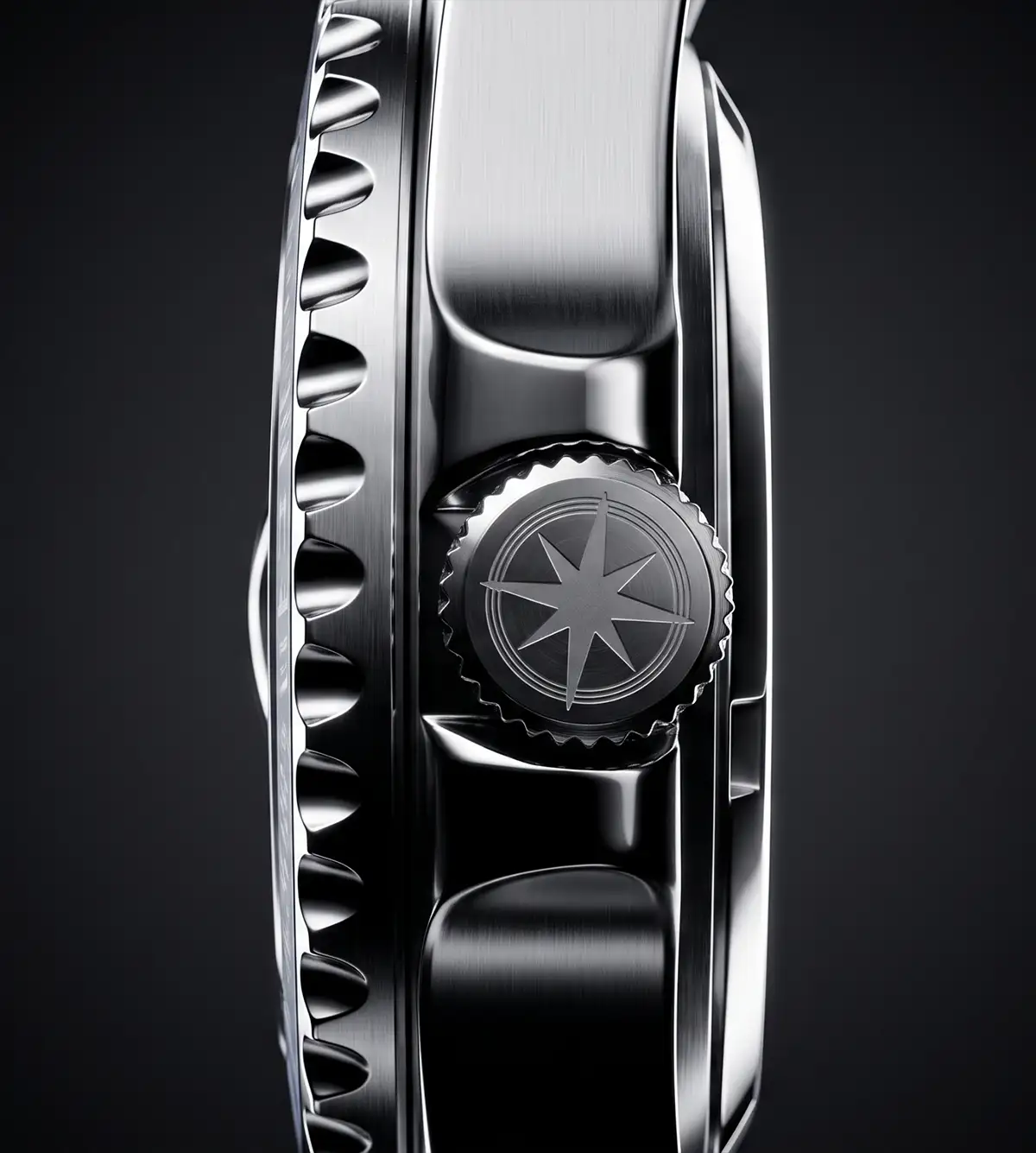Macro CGI render of the Logic Watches crown, engraved with a compass-star motif, fluted bezel edge in dramatic studio lighting on black.