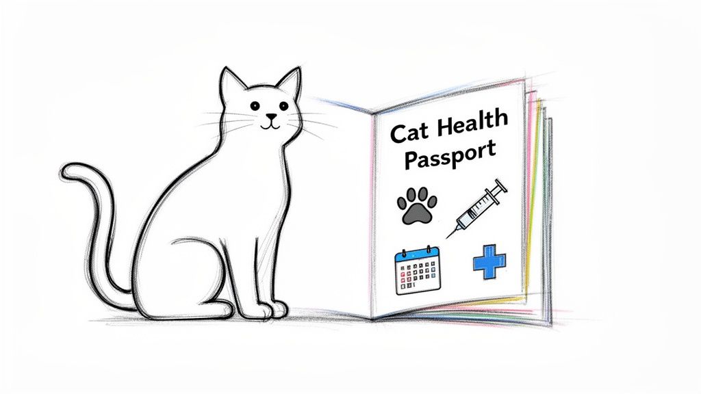 A cartoon white cat sits beside an open 'Cat Health Passport' book with health icons.