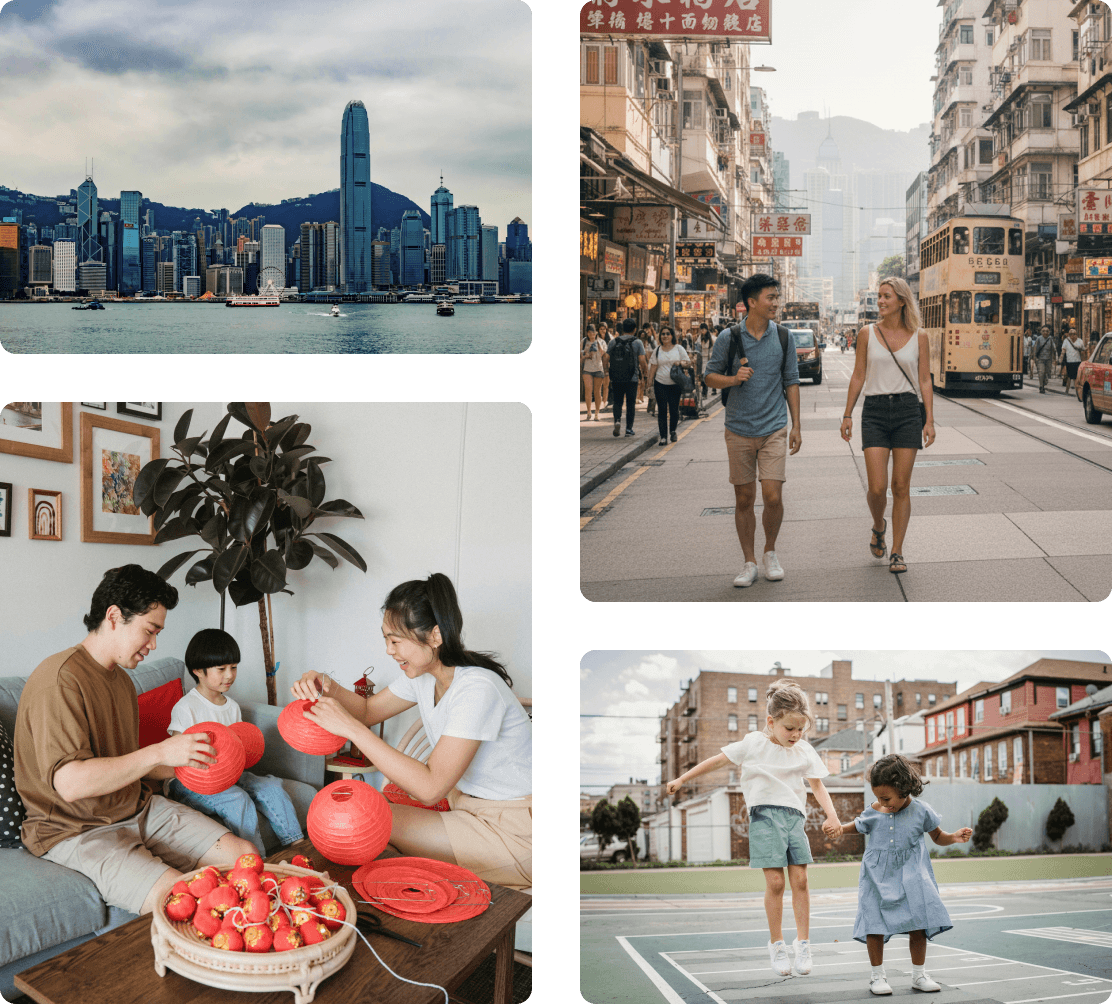 Collage of happy, relaxed adults and children