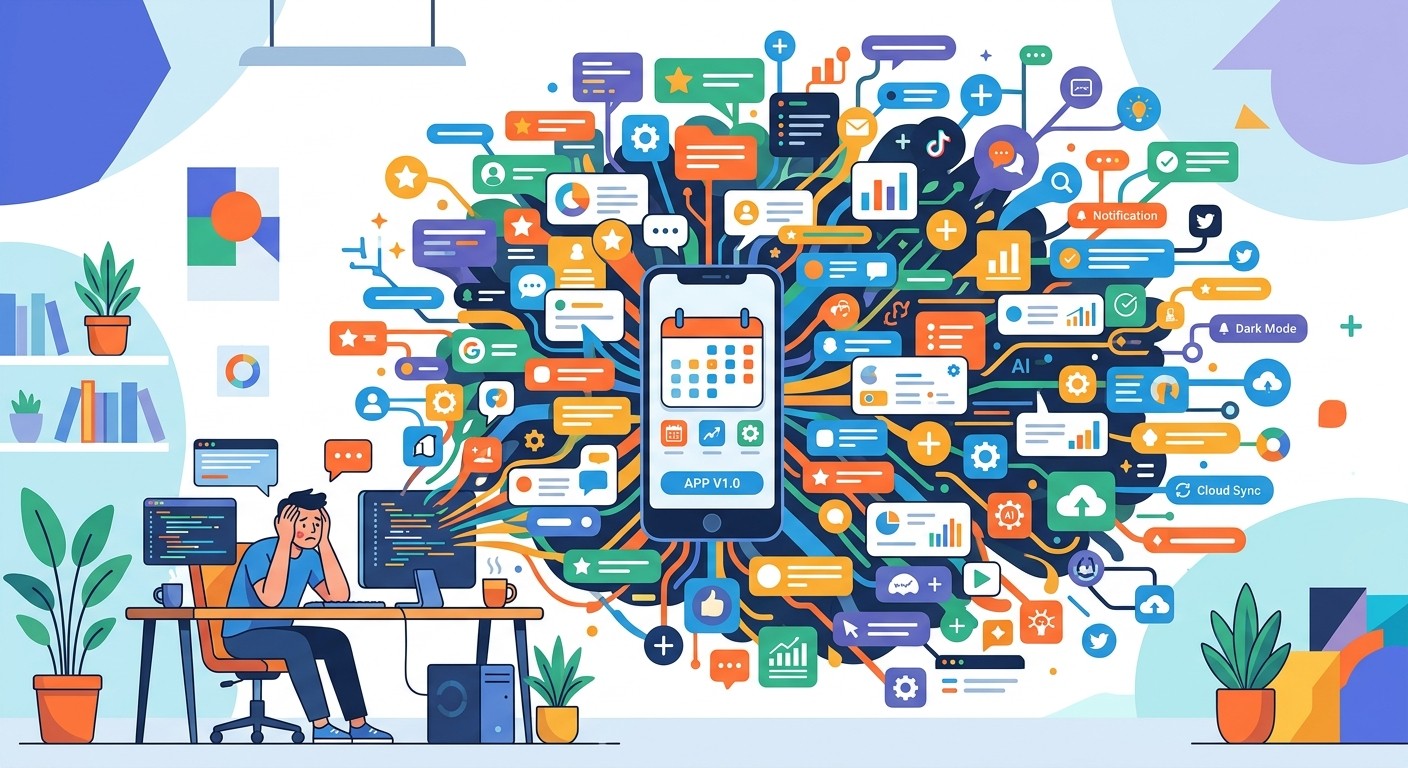 Flat illustration of feature creep with a mobile phone surrounded by an expanding list of feature requirements