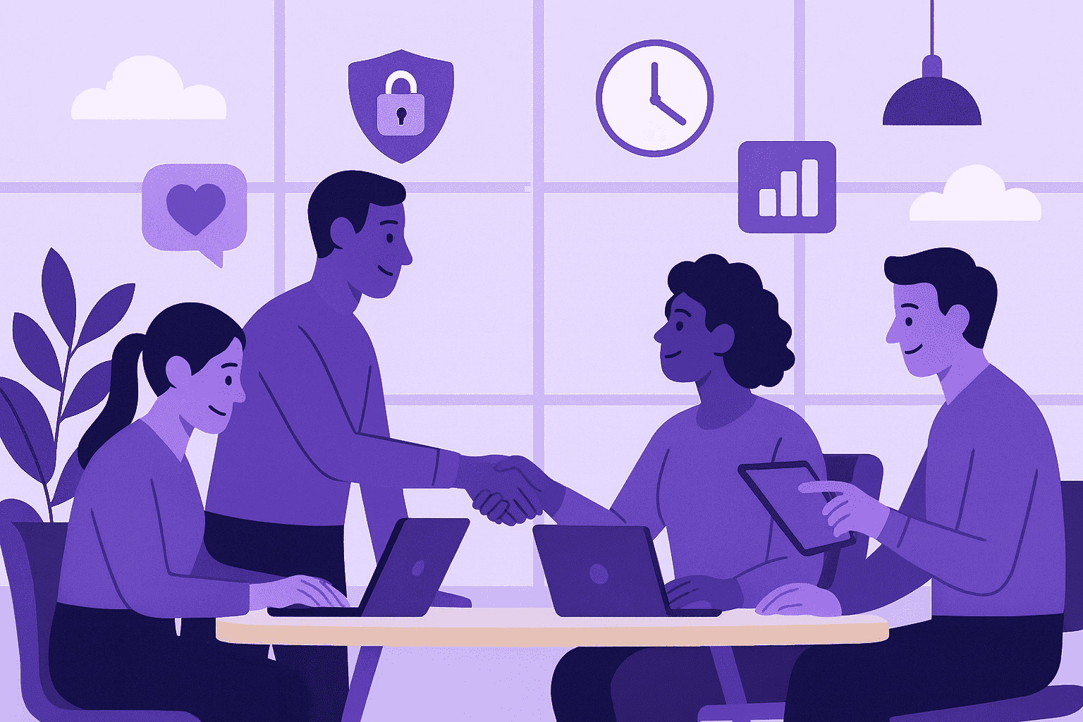 Flat-style digital illustration of a diverse team collaborating in an open office, symbolizing trust, transparency, and balanced time tracking that supports positive workplace culture.