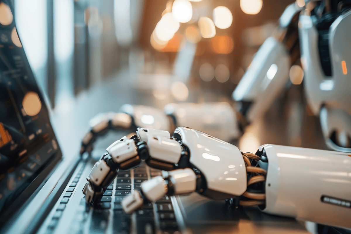 Robô digitando representando automações RPA