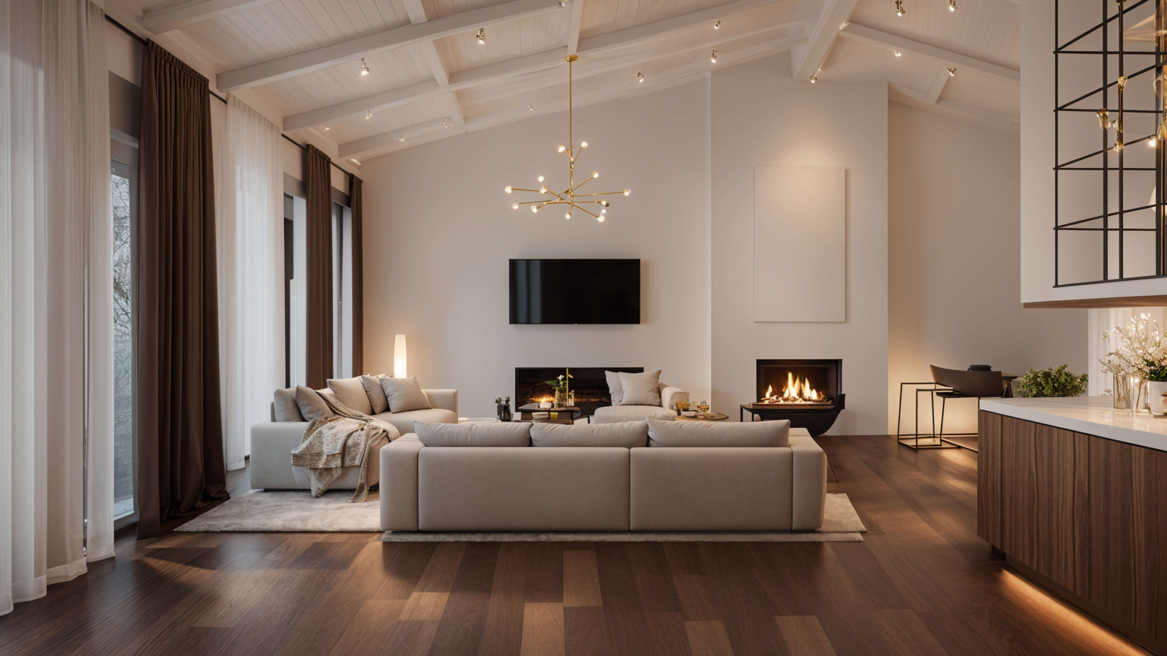 Open-concept living room with clean lines, neutral sectional seating, a modern fireplace, and vaulted ceilings emphasizing balance and architectural simplicity.