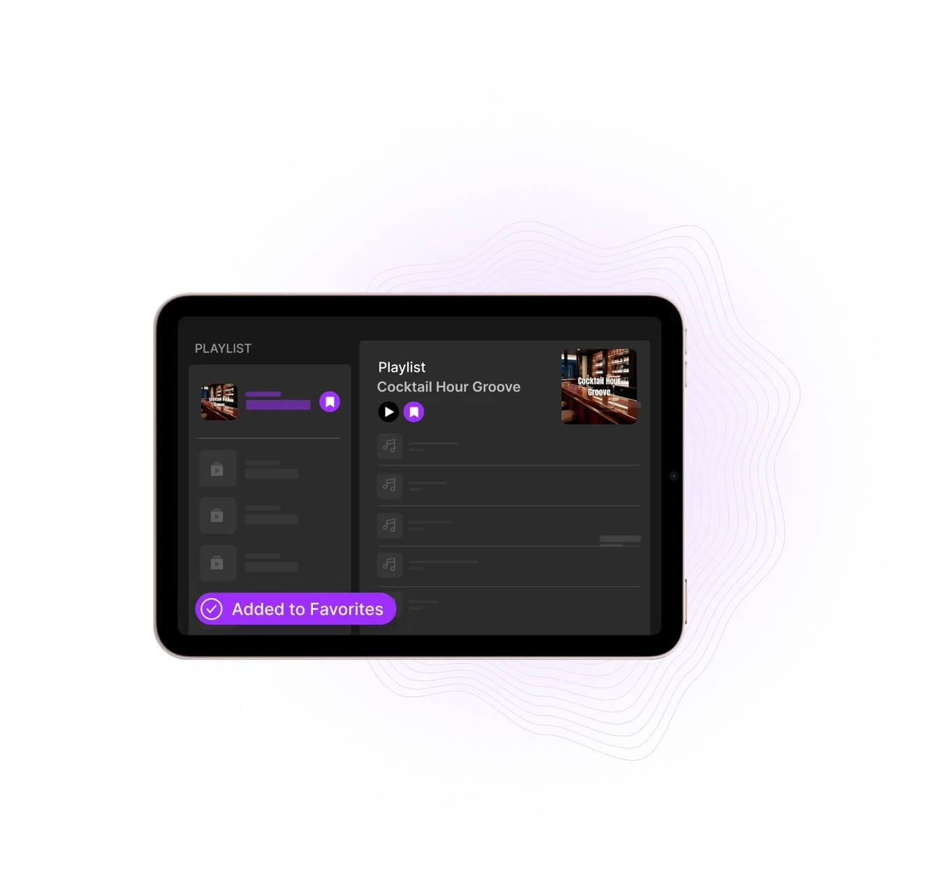 An iPad displays a dark interface with a list on the left and a selection panel on the right, featuring a purple accent.
