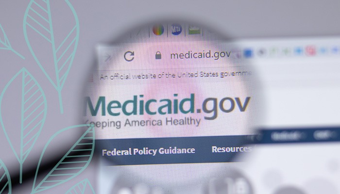 Magnifying glass hovering over a webpage focused on Medicaid