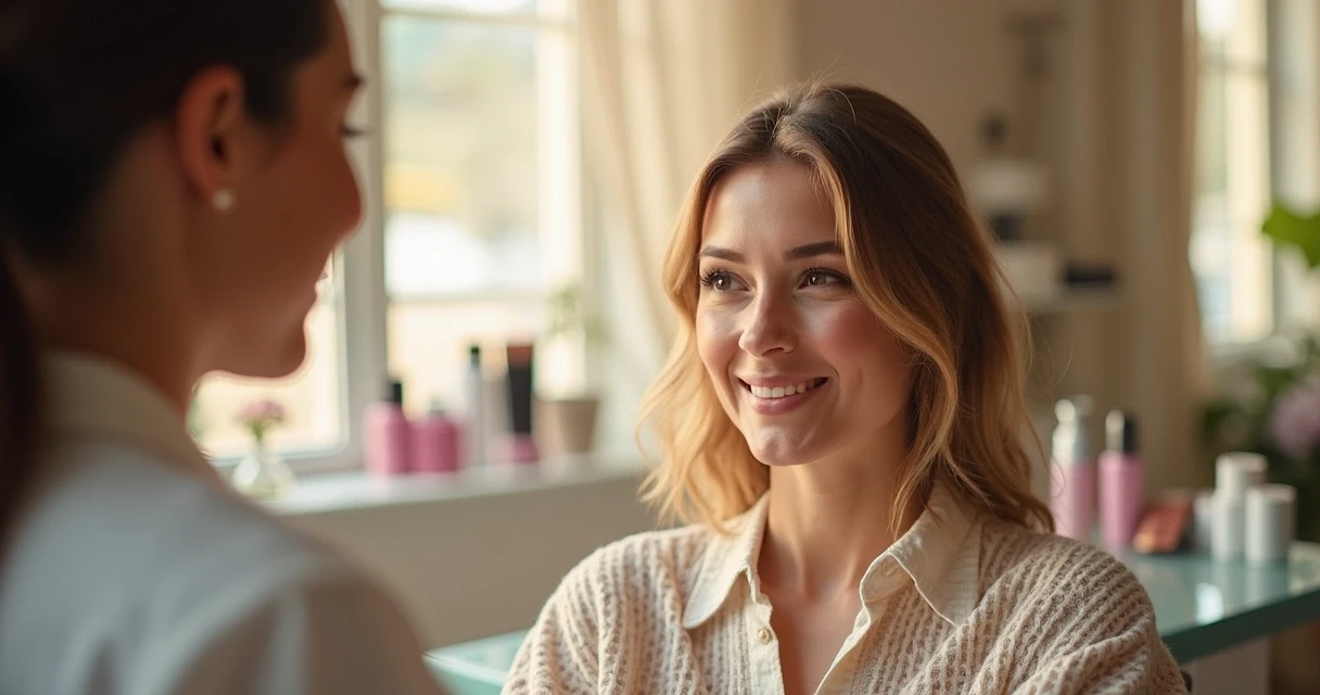 Profissional de beleza escutando com atenção uma cliente em uma cadeira de salão