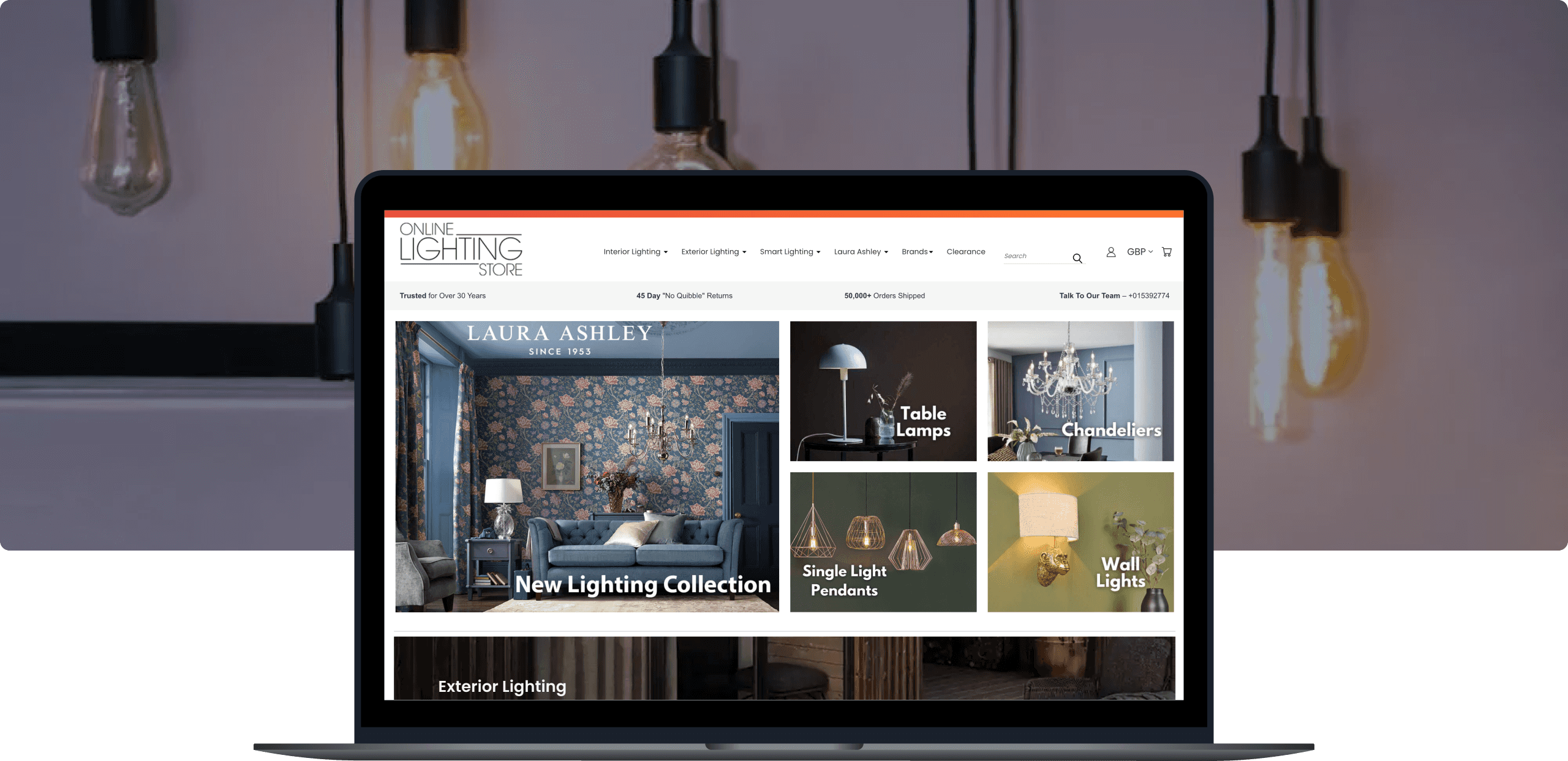 Laptop mockup with a screenshot from The online Lighting Store Website